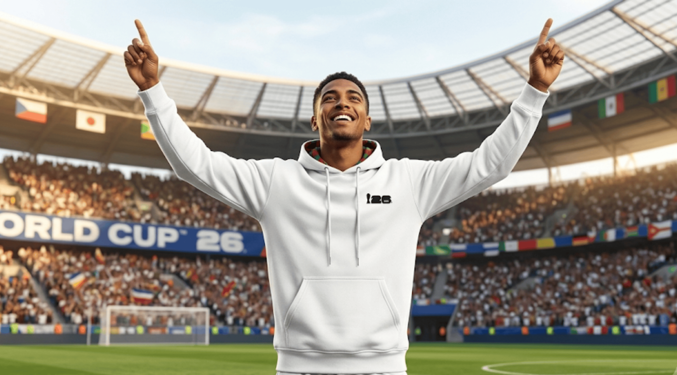 A man wearing a white FIFA World Cup 2026 pullover hoodie with his arms raised in celebration inside a crowded football stadium.