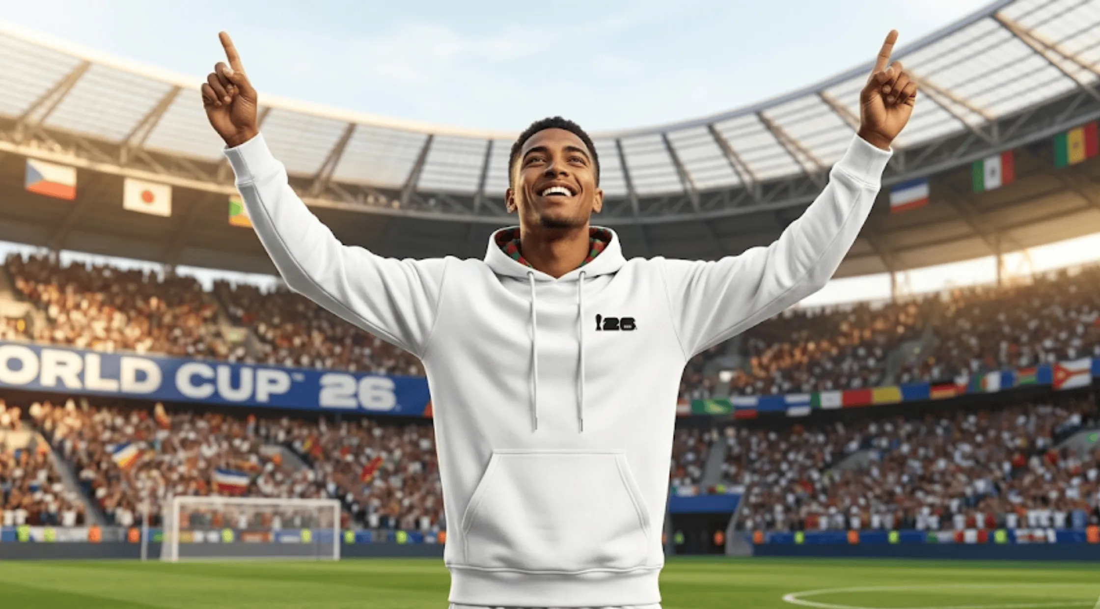 A man wearing a white FIFA World Cup 2026 pullover hoodie with his arms raised in celebration inside a crowded football stadium.