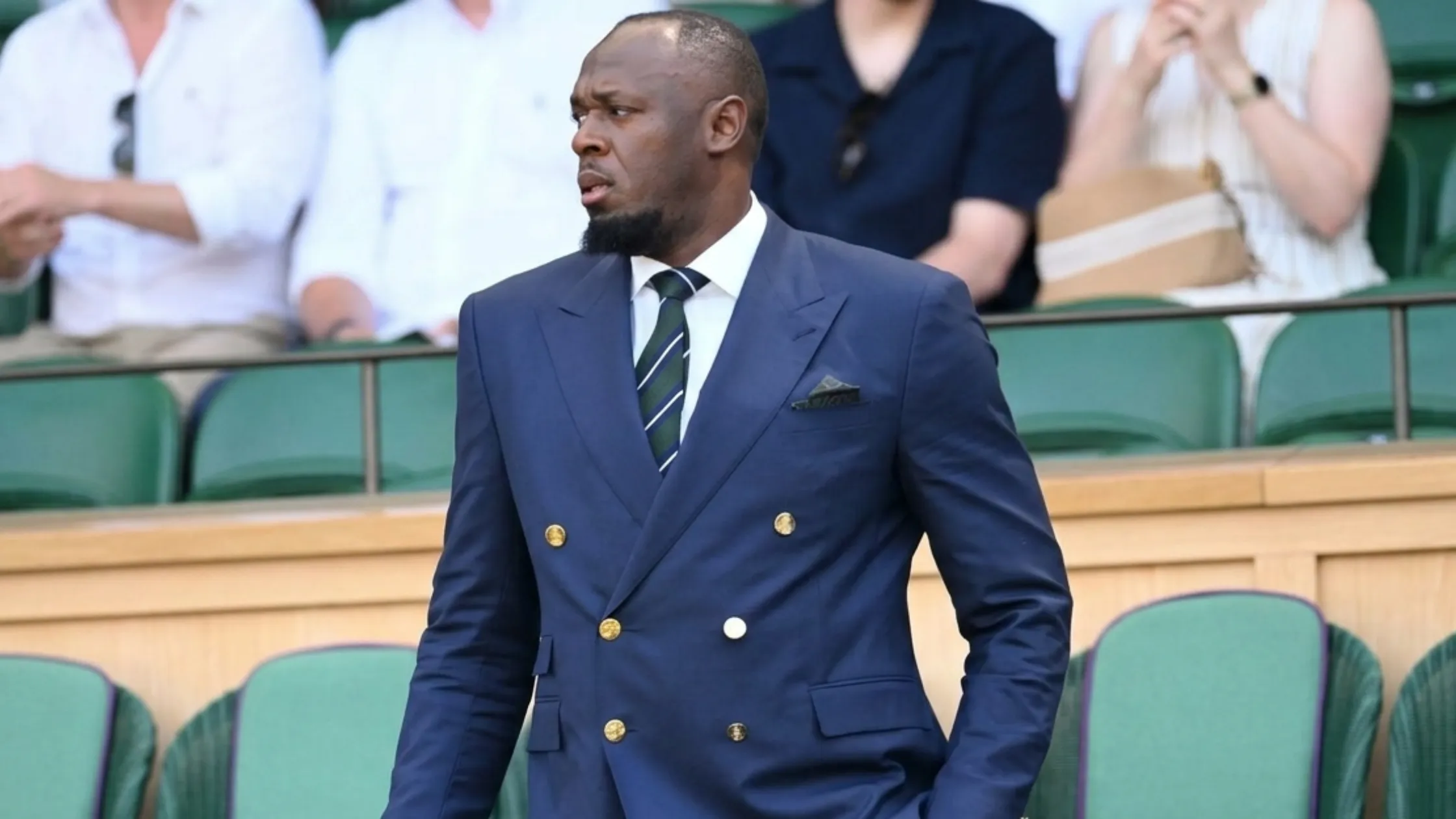 Usain Bolt Championships Wimbledon 2026 navy double-breasted blazer with gold buttons and peak lapels