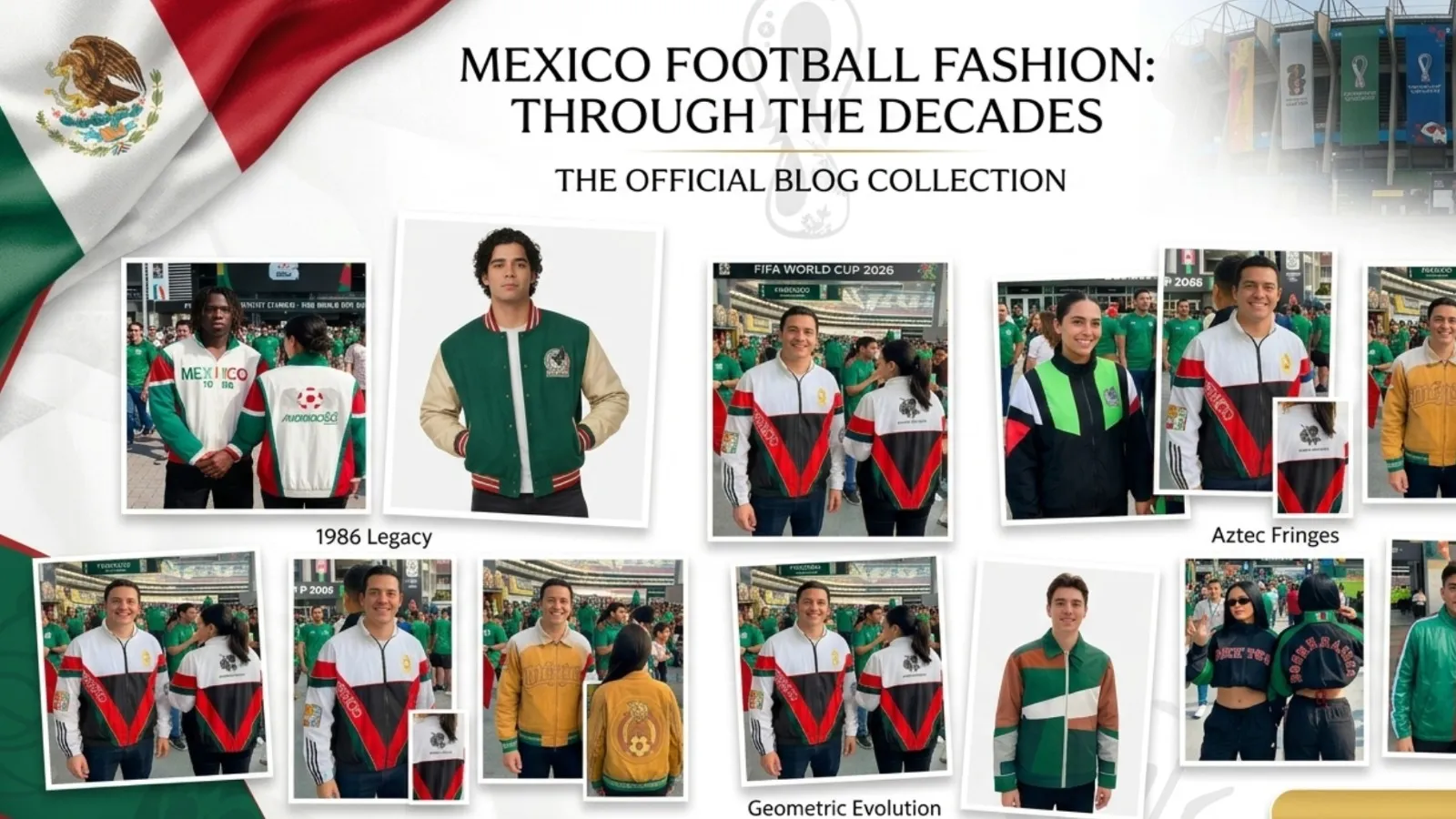 Collection of Mexico FIFA World Cup 2026 jackets featuring anthem, windrunner, color-block, EQT track, vintage, and fringe styles.