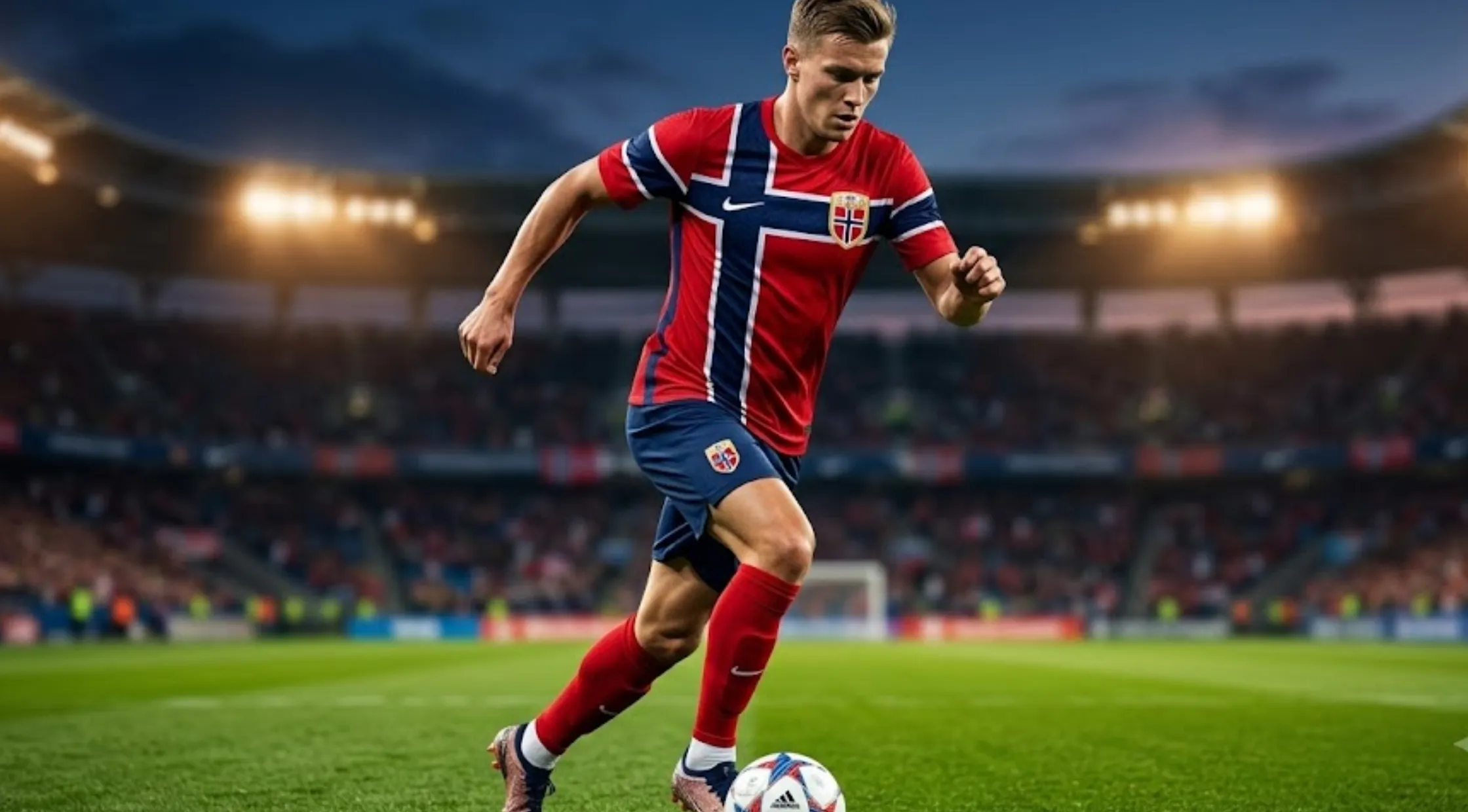Norway 2026 Home Jersey red football shirt with navy Nordic cross, Viking pattern, and Norway team crest
