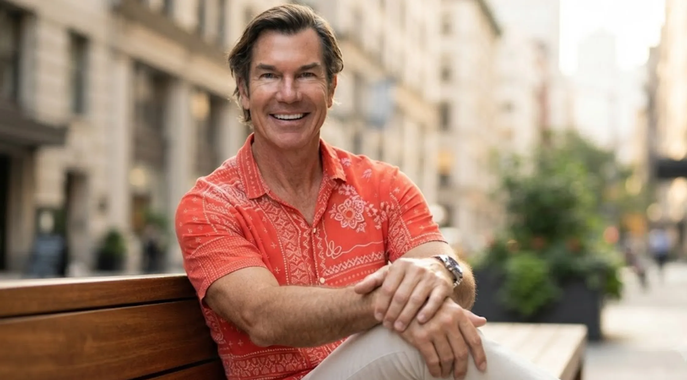 Jerry O’Connell New York City 2026 orange bandana paisley print camp collar button-up shirt with relaxed summer fit