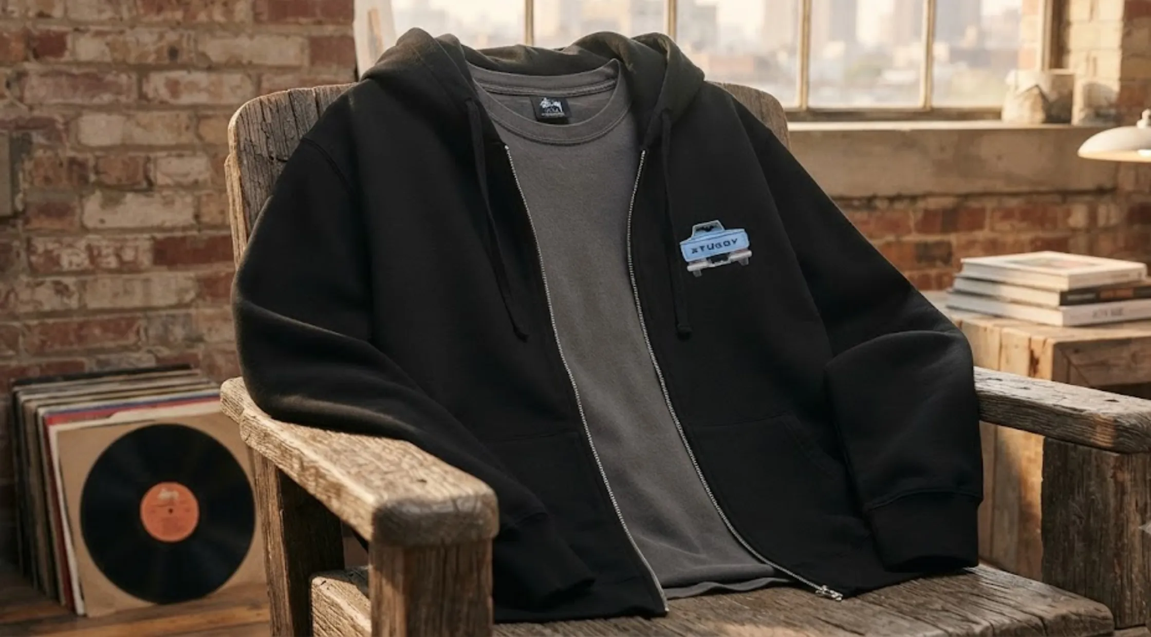 Stussy Pick Up Zip-Up Hoodie in black with vintage truck logo on chest and multicolor pickup truck graphic on the back