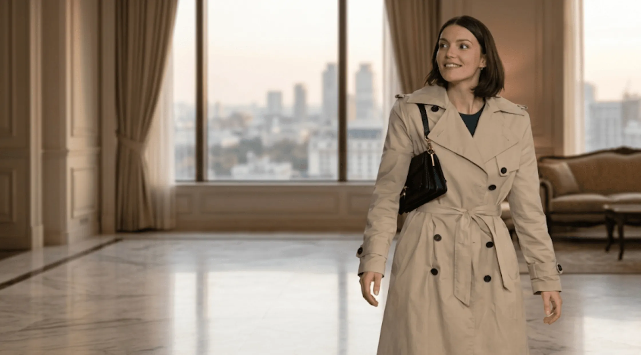 A stylish model wearing the classic double-breasted AJ Pascarelli beige trench coat with gun flap detailing and an adjustable tied waist belt.