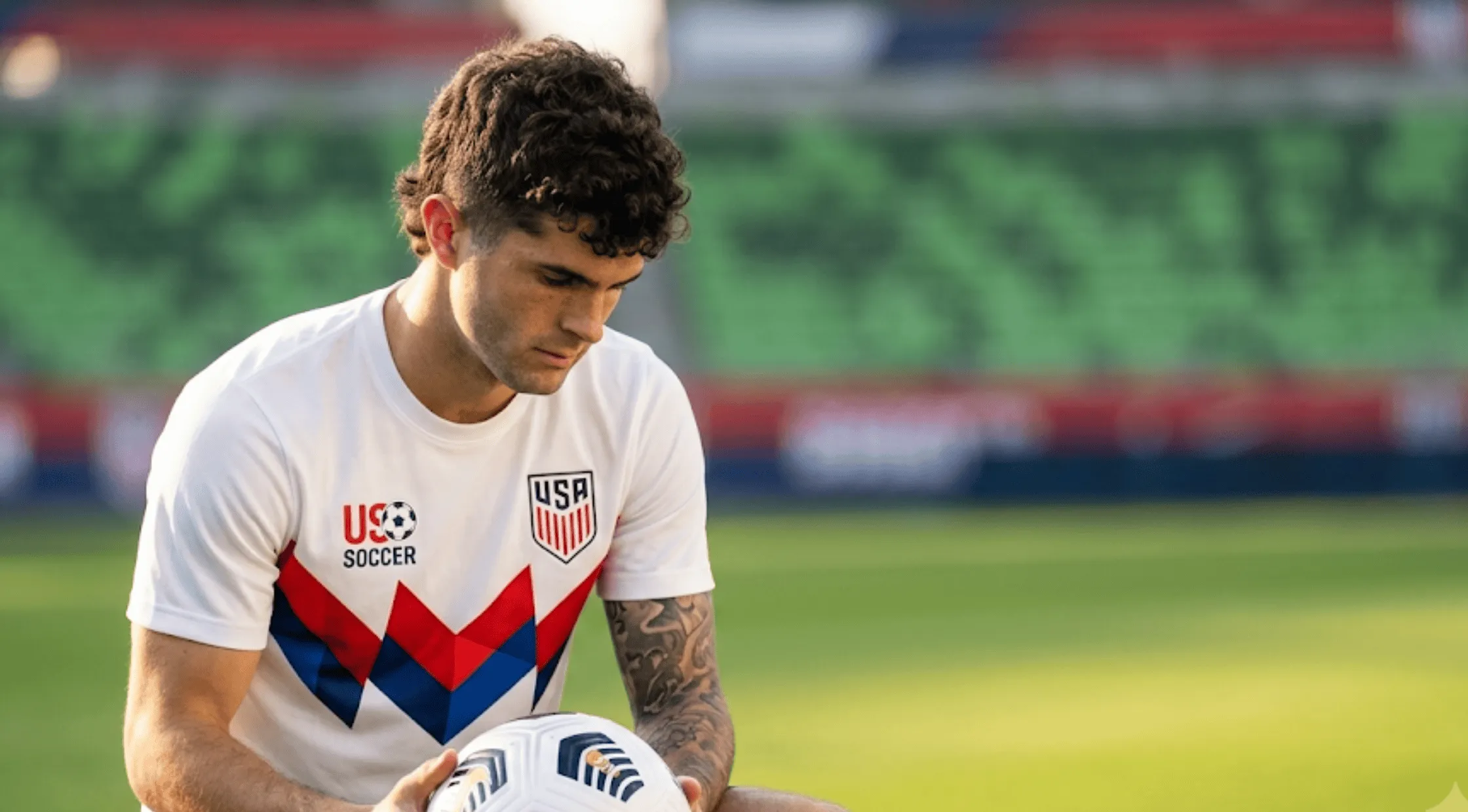 Christian Pulisic standing on a soccer field wearing the white USA 2026 Virgil Abloh archive jersey featuring a bold red and navy geometric torso graphic.