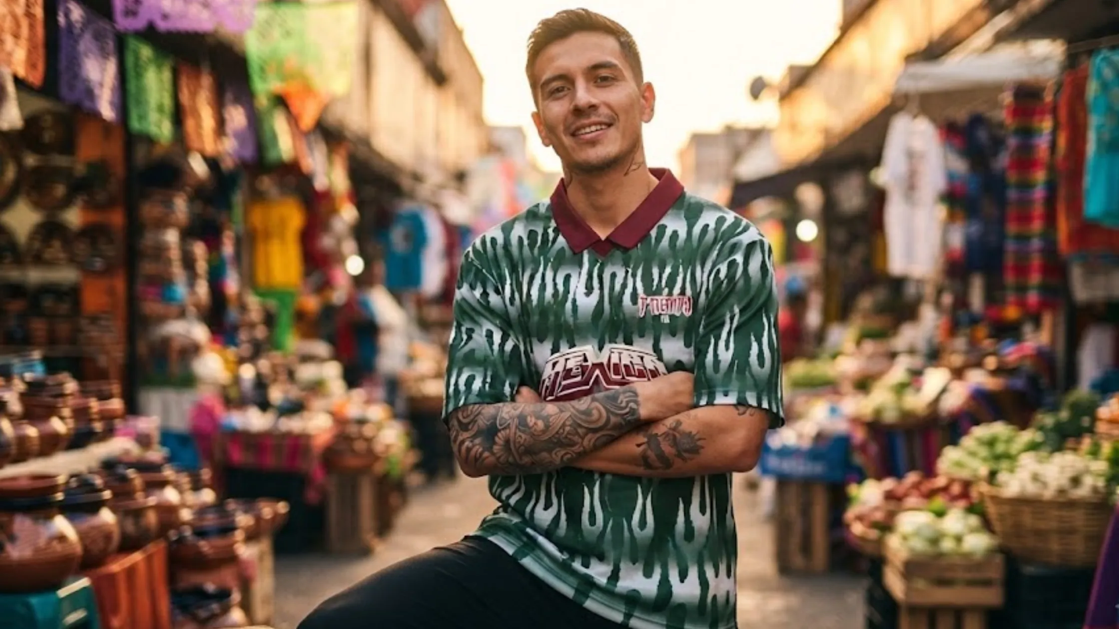 Mexico El Tiempo Goalie Jersey with psychedelic drip print, green gradient design, burgundy polo collar, and bold MEXICO chest graphic