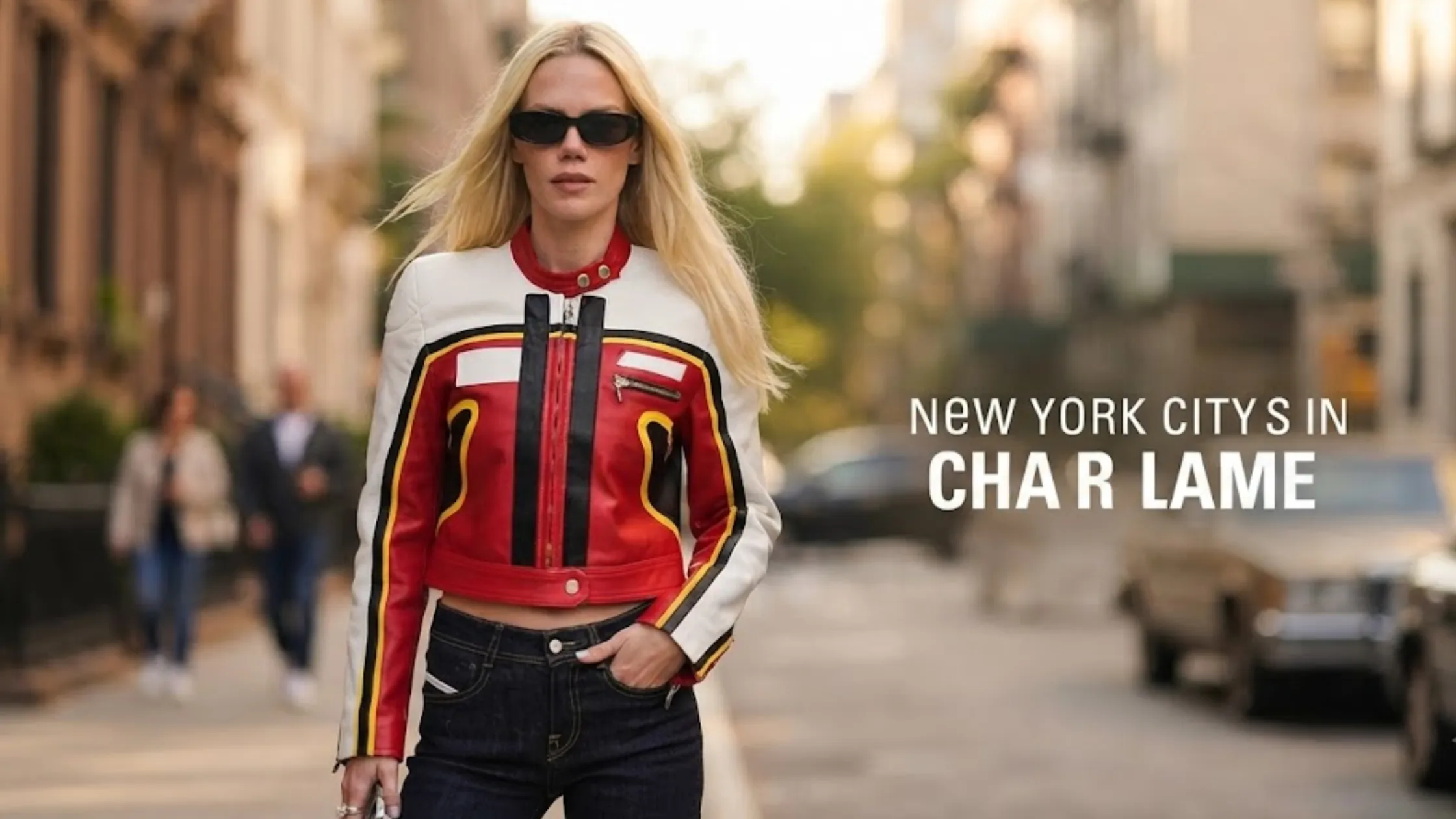 Laura Abla Los Angeles 2026 cropped red and white racing leather jacket with snap-tab collar, yellow piping, and front zip closure