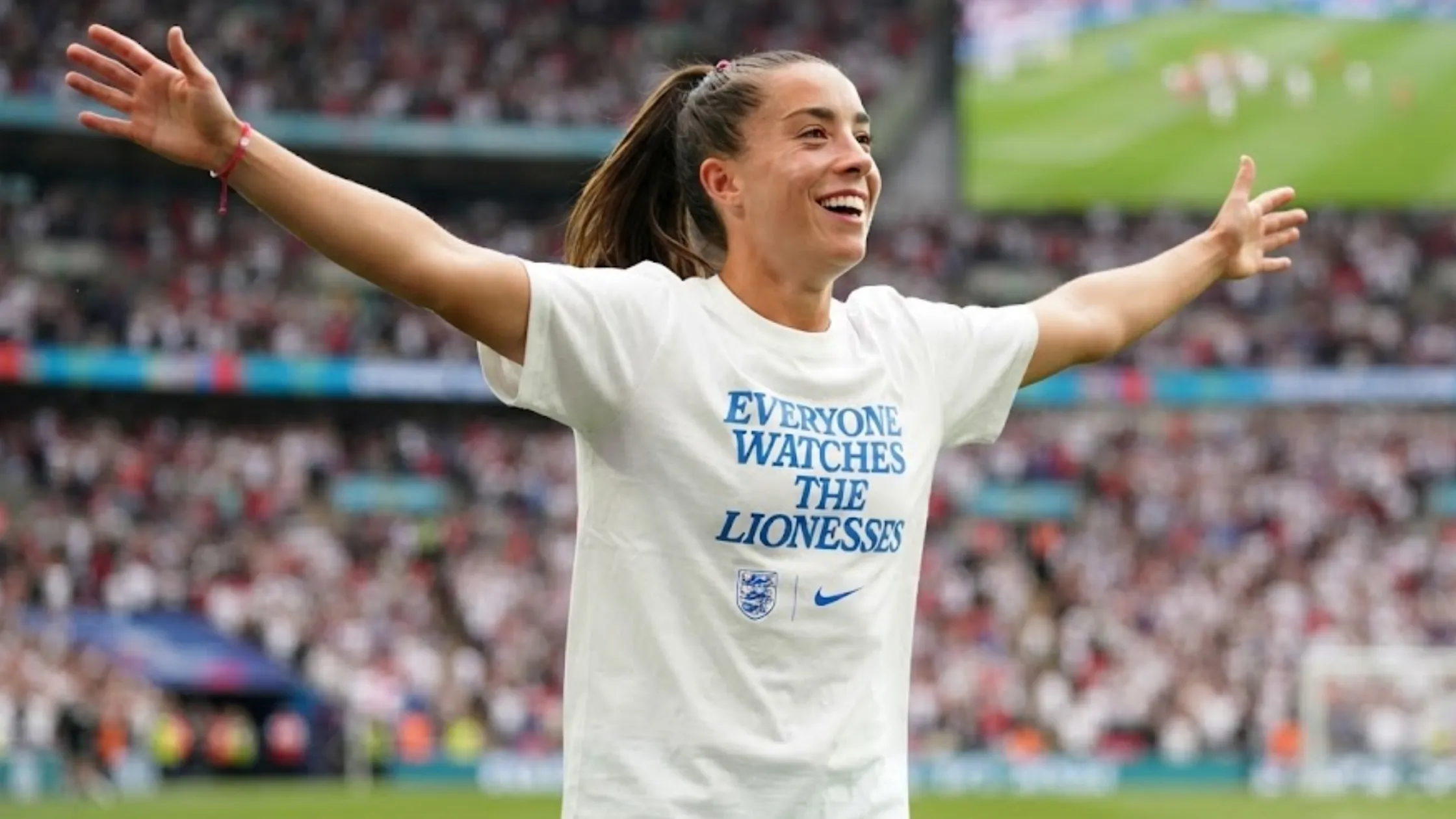 England Lionesses Everyone Watches The Lionesses White Oversized Graphic T-Shirt with Blue Slogan