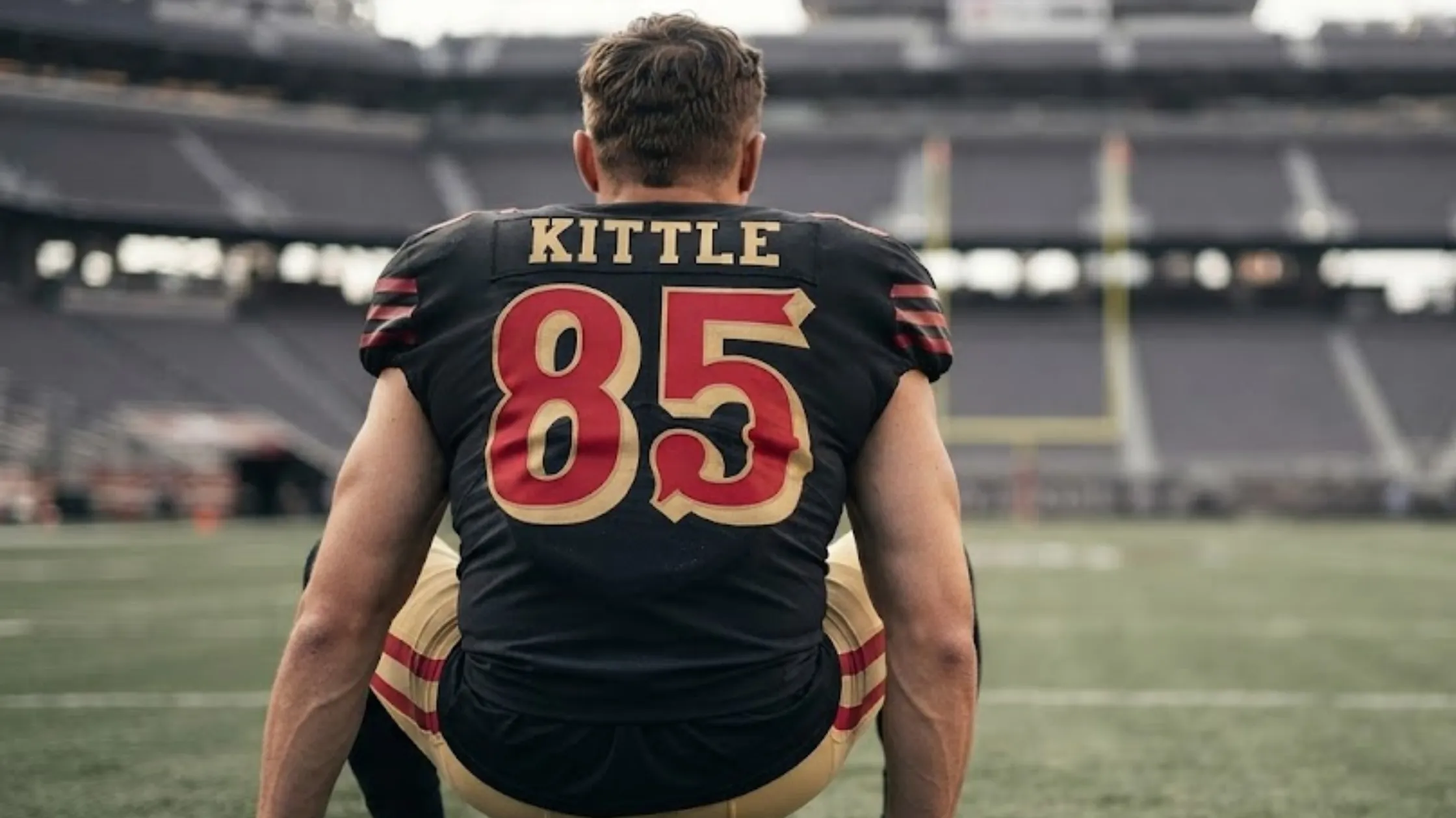 San Francisco 49ers George Kittle Black Rivalries Jersey with Red Striped Sleeves and Number 85