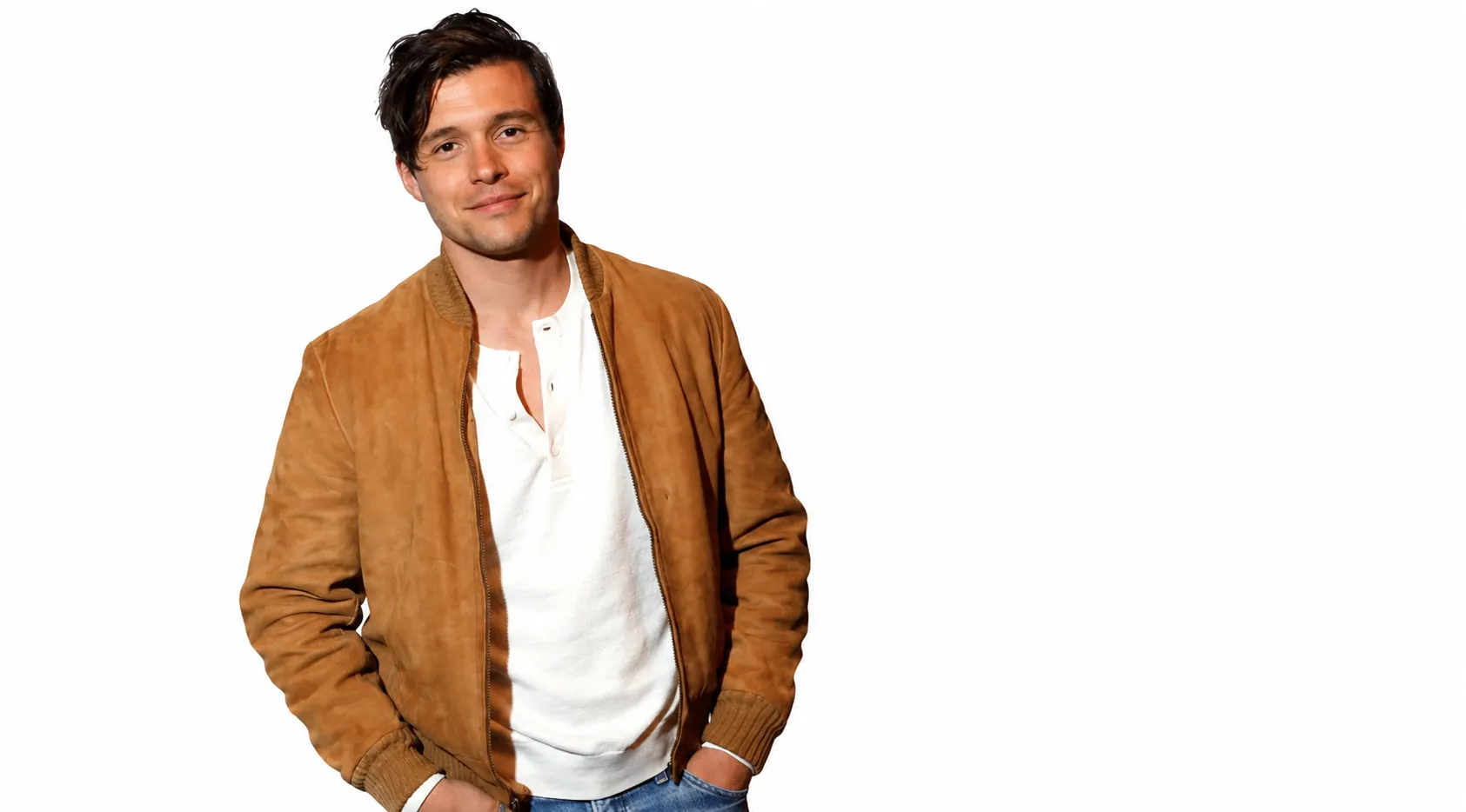 Nick Robinson Voicemails for Isabelle tan suede bomber jacket with rib knit collar and gold zipper detail