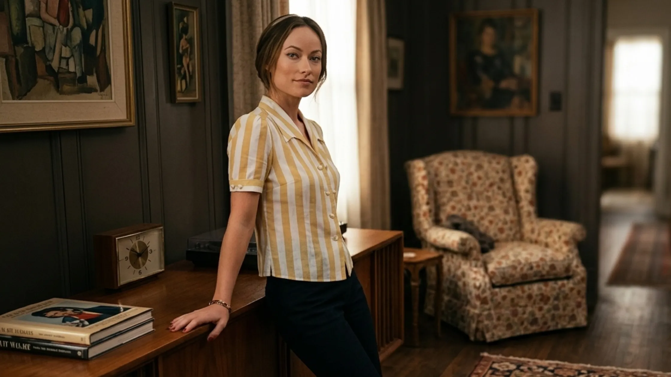 The Invite 2026 Olivia Wilde Yellow and White Striped Camp Collar Button-Up Shirt