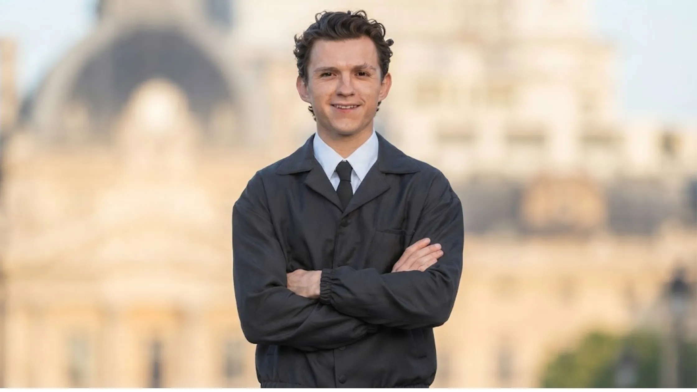 Tom Holland The Odyssey Photocall 2026 Black Blouson Bomber Jacket with Camp Collar