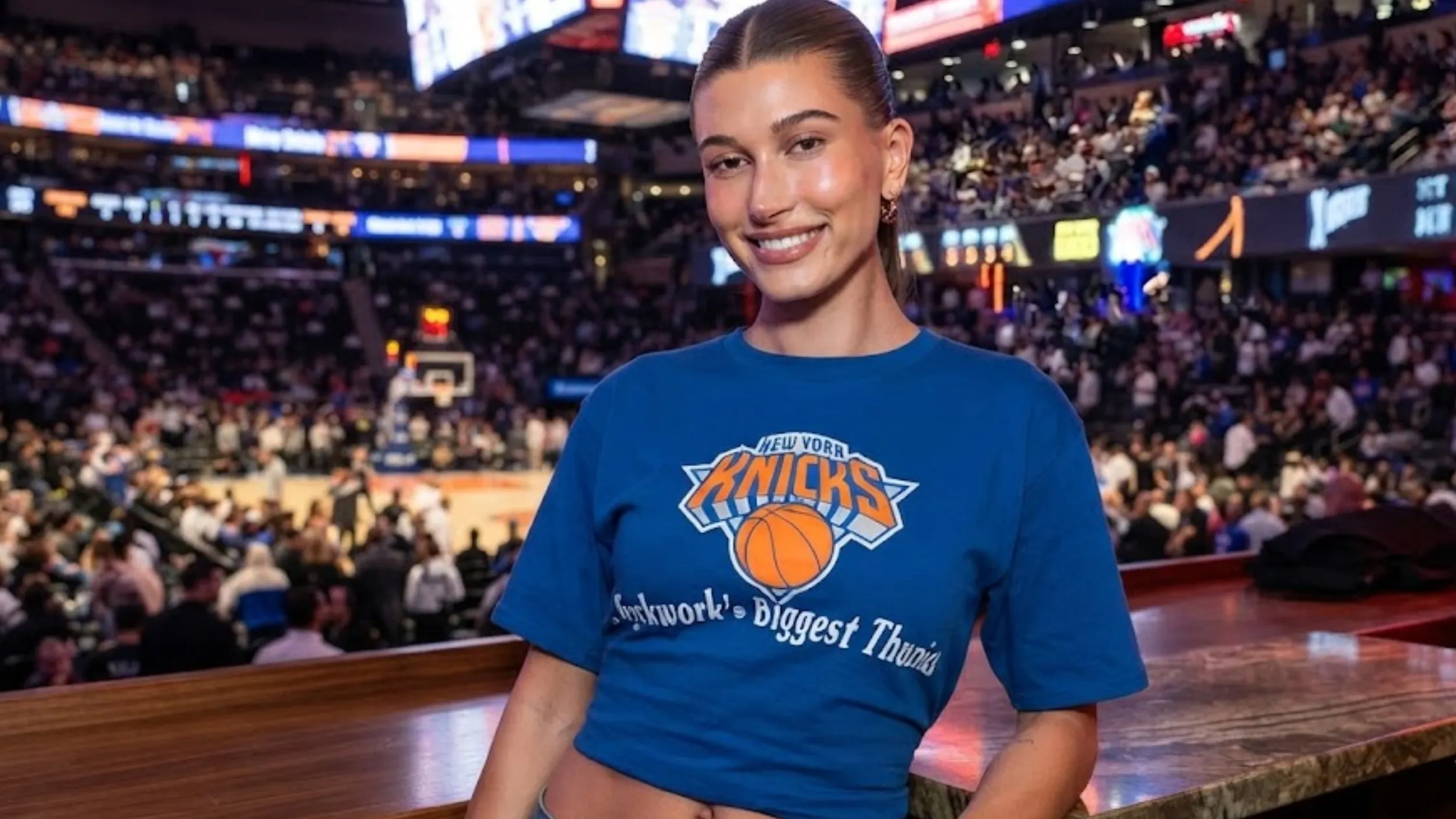 Hailey Bieber 2026 NBA Finals New York Knicks Blue Vintage Cropped Graphic T-Shirt