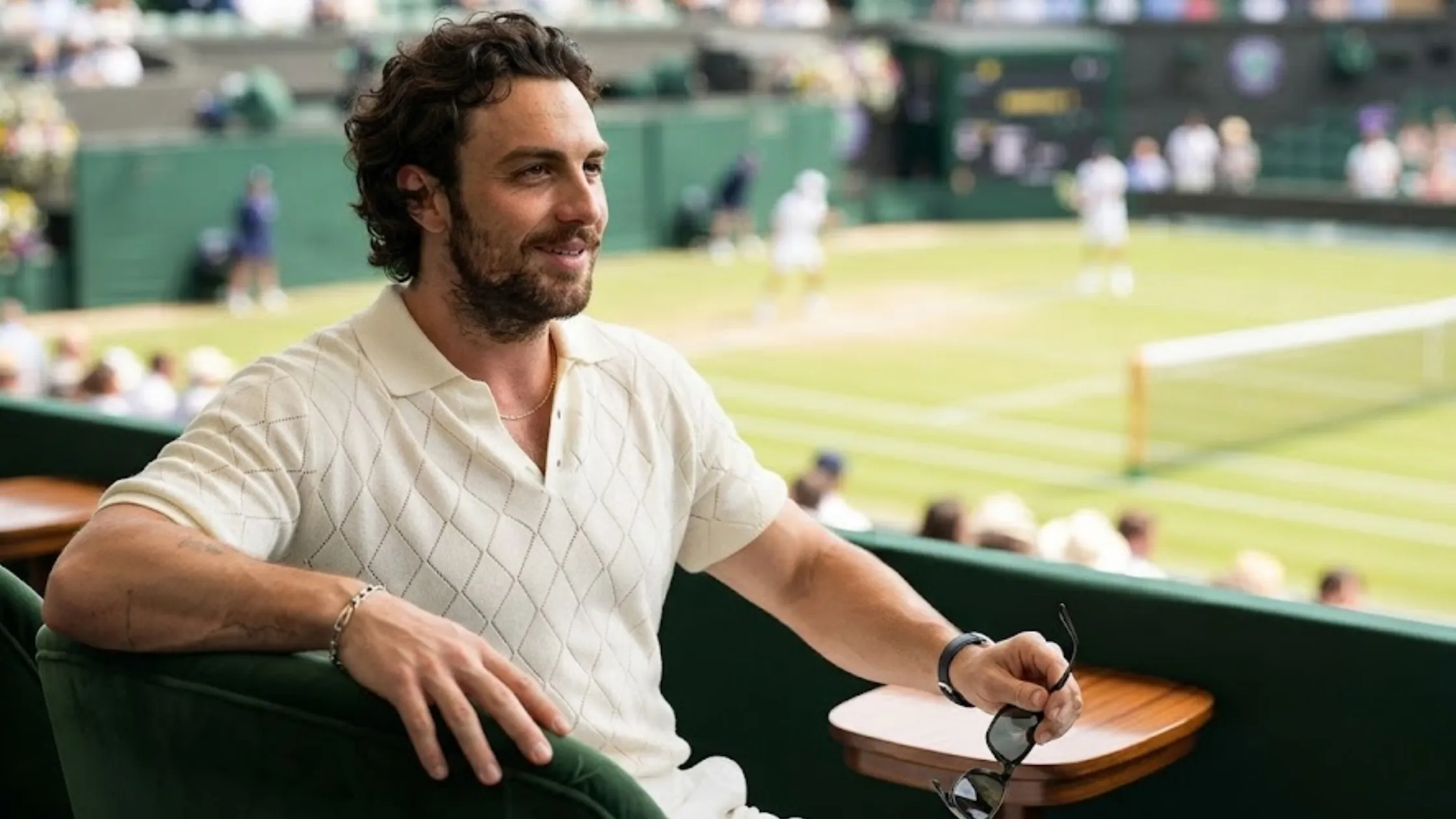 Aaron Taylor-Johnson Wimbledon 2026 Cream Diamond Knit Johnny Collar Polo Shirt