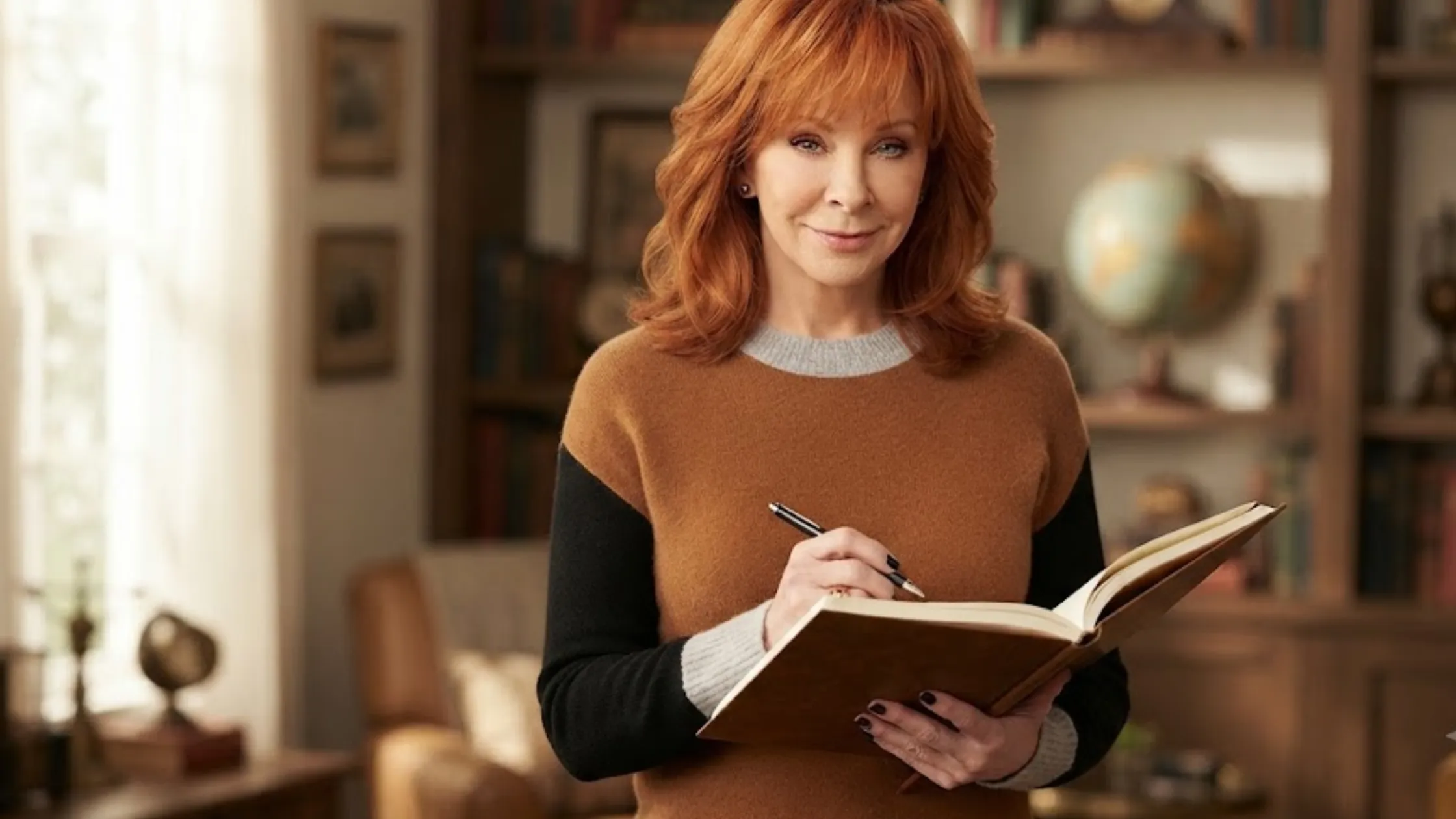 Reba McEntire Happy's Place Season 2 Brown and Black Color Block Drop Shoulder Sweater