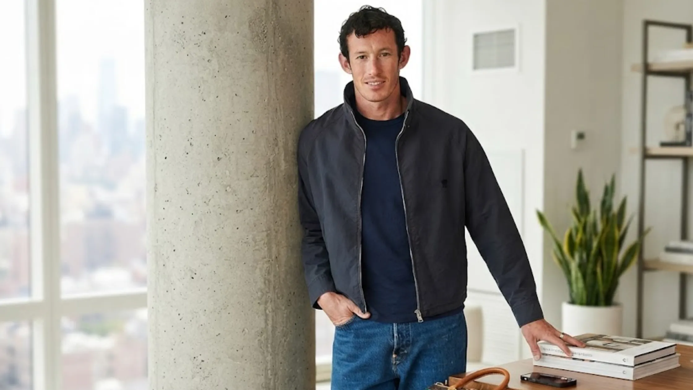 Callum Turner New York City 2026 Charcoal Zip-Up Harrington Jacket with Raglan Sleeves