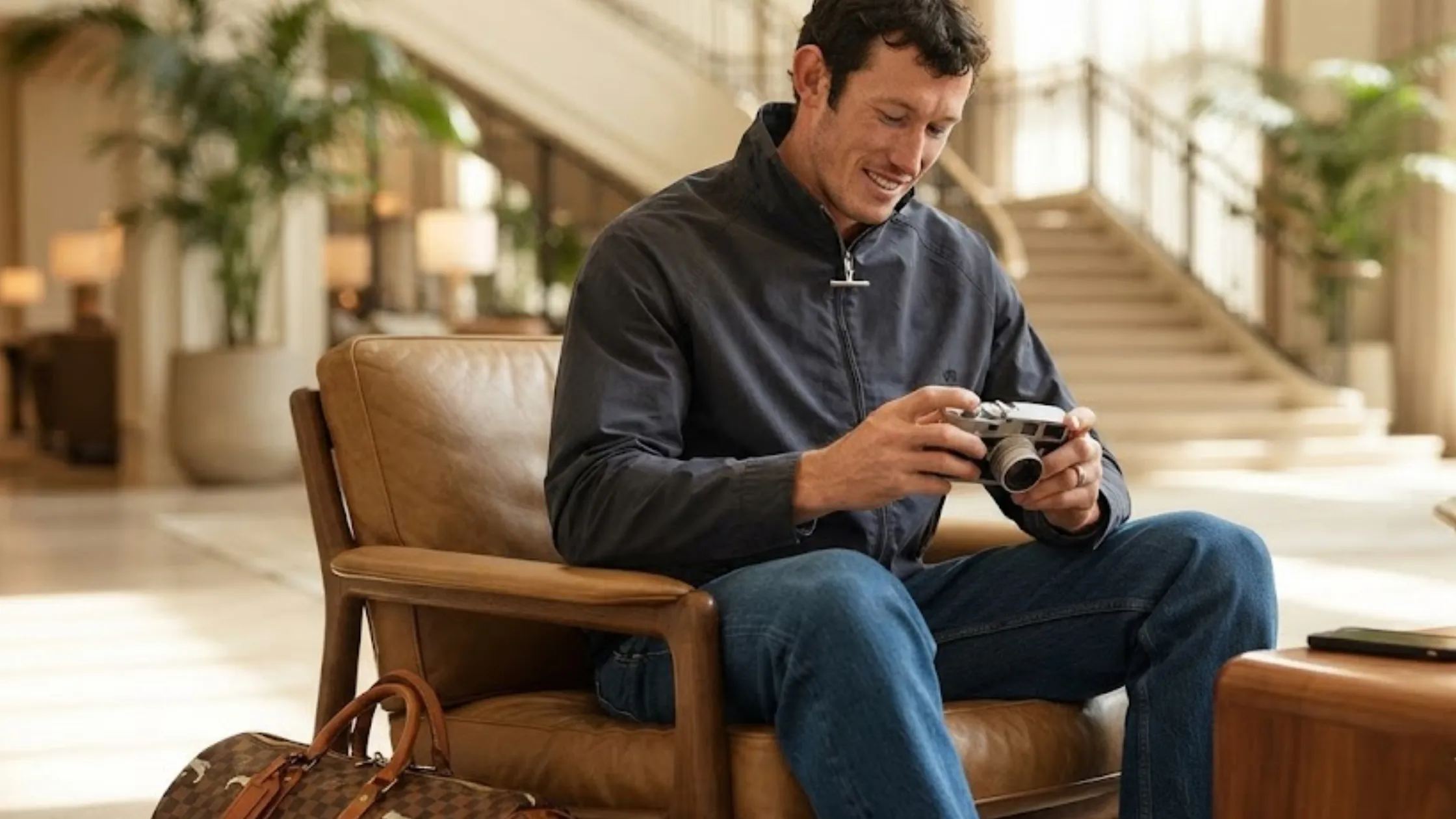 Callum Turner New York City 2026 Charcoal Zip-Up Harrington Jacket with High Collar