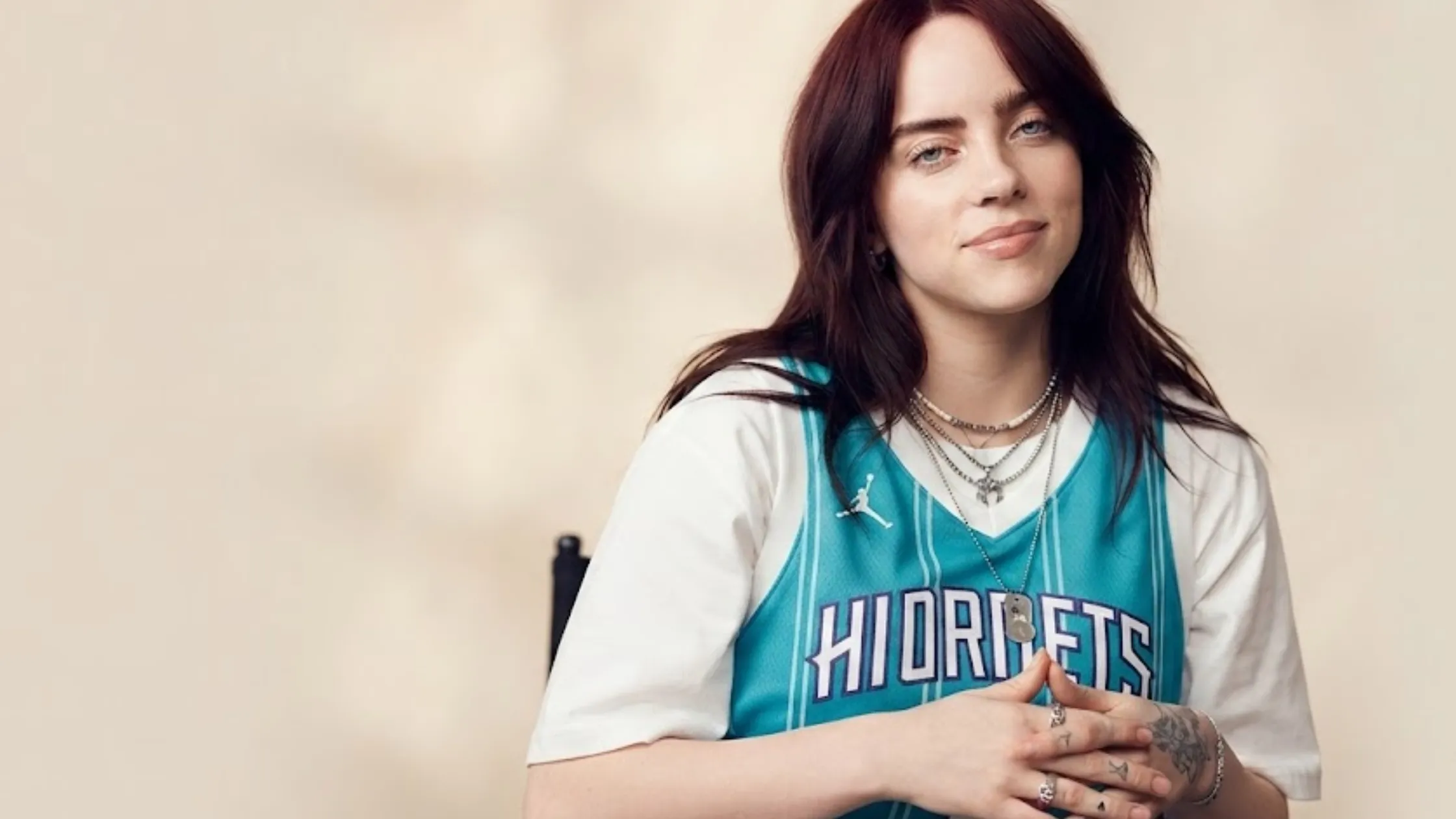 Billie Eilish White Pinstripe Teal Hornets Basketball Jersey with Purple HORNETS Lettering