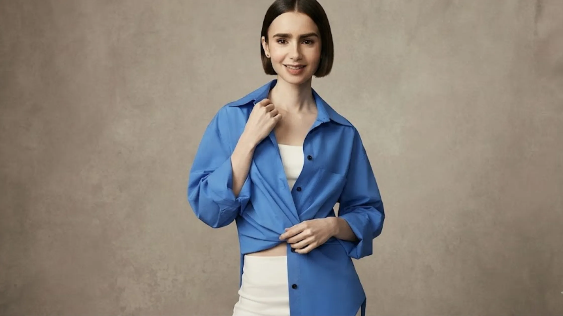 Lily Collins Wimbledon 2026 Cornflower Blue Relaxed Fit Button-Down Shirt with Chest Pocket