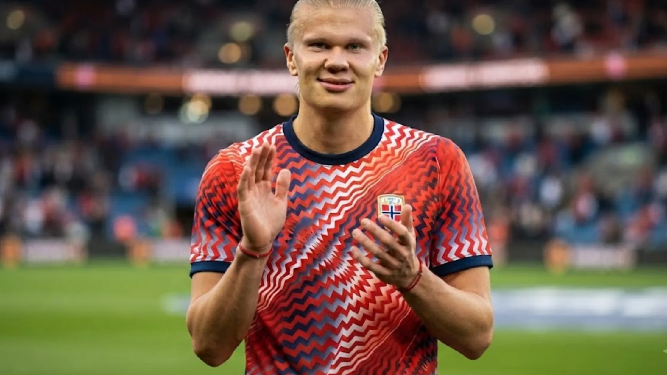 Erling Haaland Norway vs England 2026 Red and Navy Chevron Pattern Soccer Jersey with Norway Crest