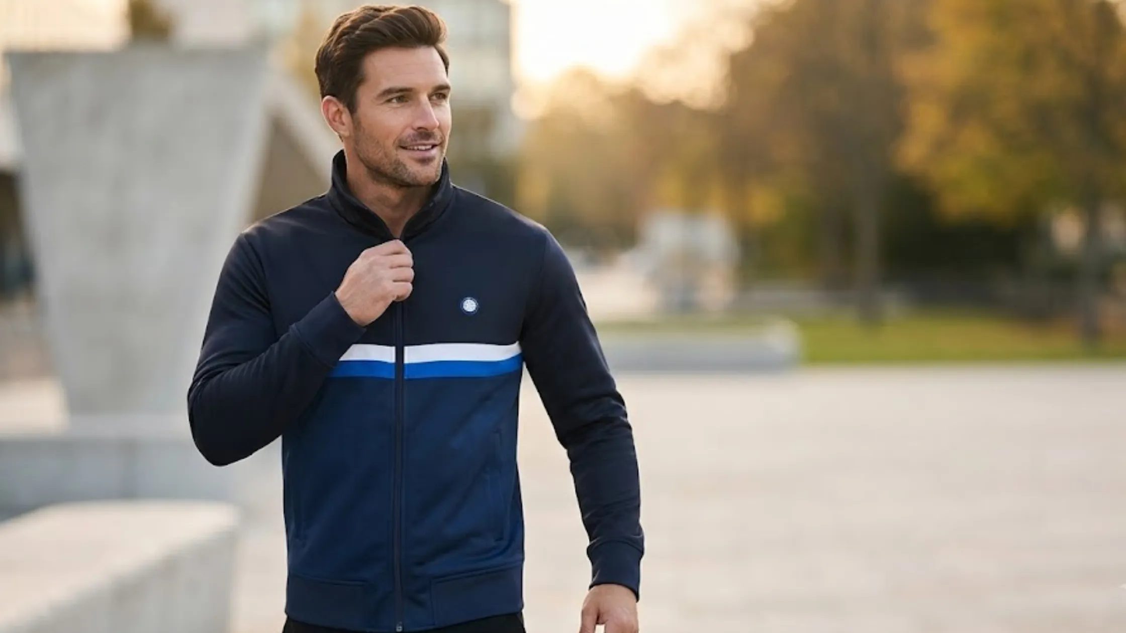 John Simm I Jack Wright S01 Gray Blue Stripe navy track jacket with stand collar