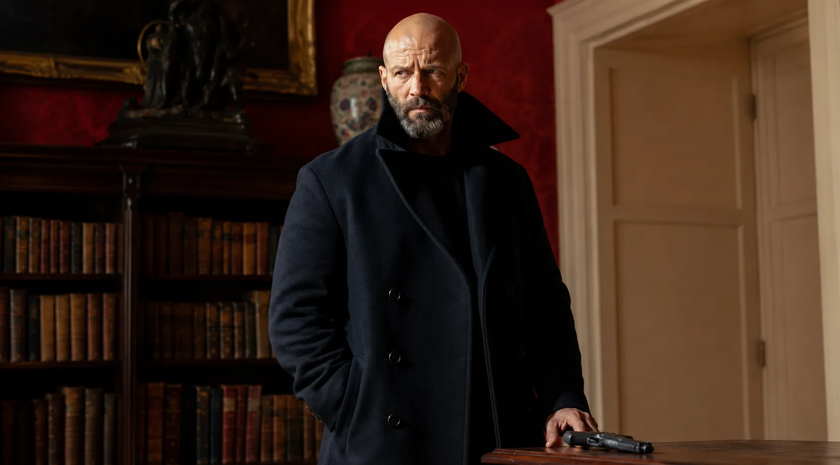 Shelter Jason Statham Black Double-Breasted Wool Coat with Peak Lapels