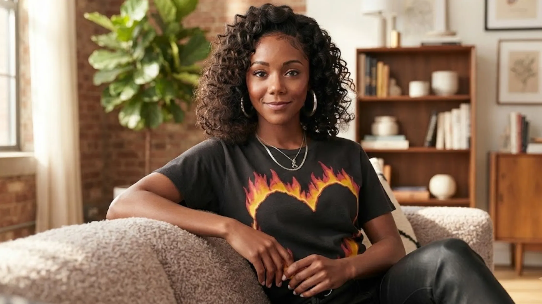 All American S08 Cleera Hollingsworth Flaming Heart Graphic Black Crew Neck T-Shirt