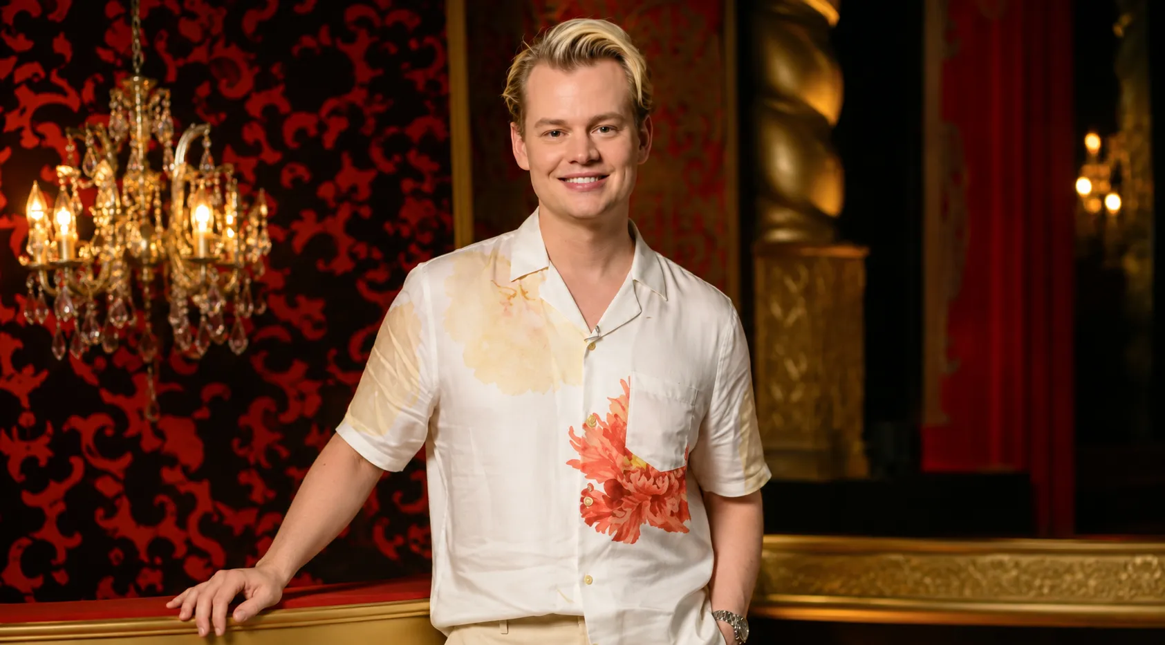 Taskmaster AU Joel Creasey Printed Shirt with peony graphic, camp collar, chest pocket, and off-white floral print