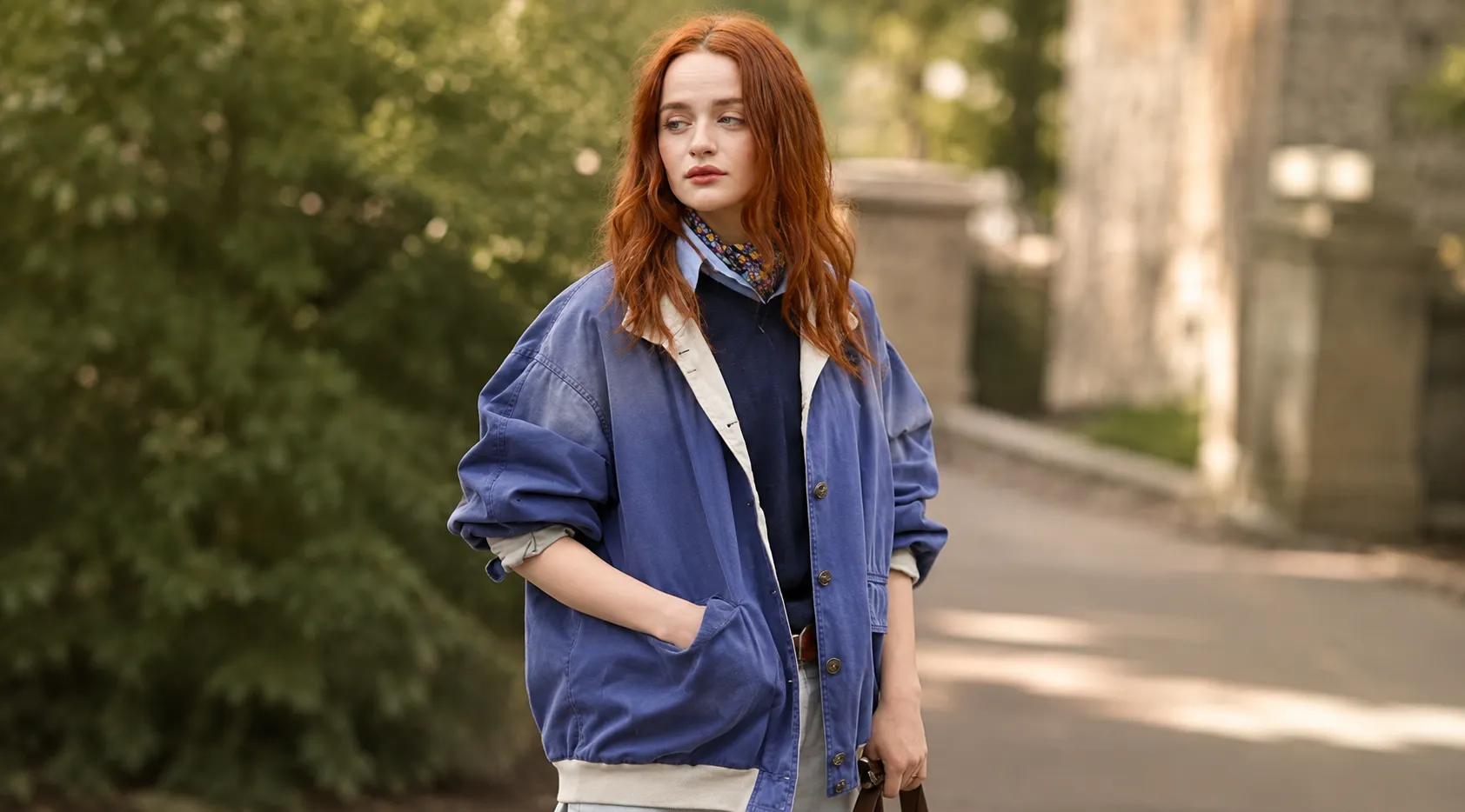 Joey King Paris Fashion Week 2026 Blue Oversized Bomber Jacket
