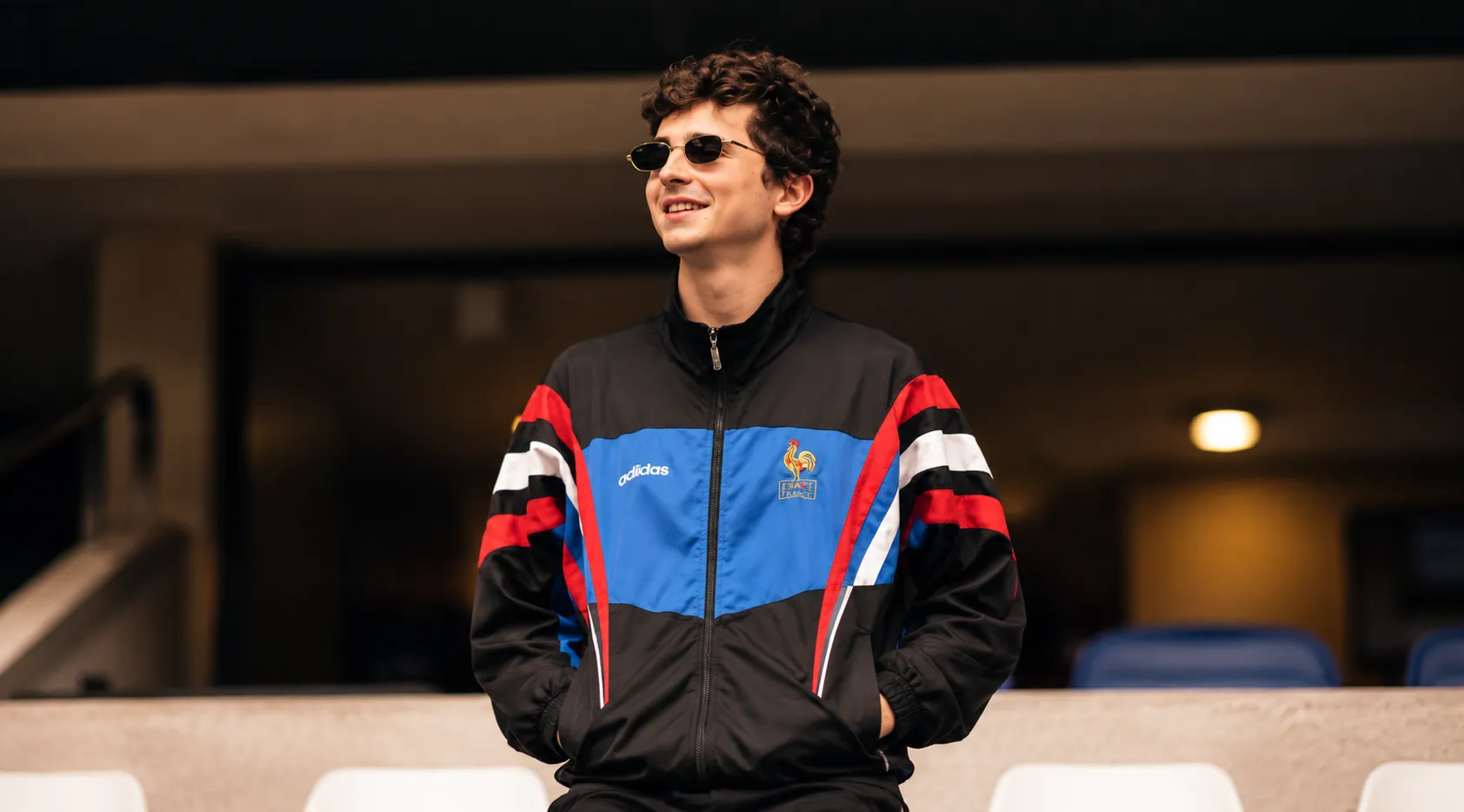 Timothée Chalamet wearing FIFA World Cup 2026 France v Spain vintage Adidas FFF track jacket