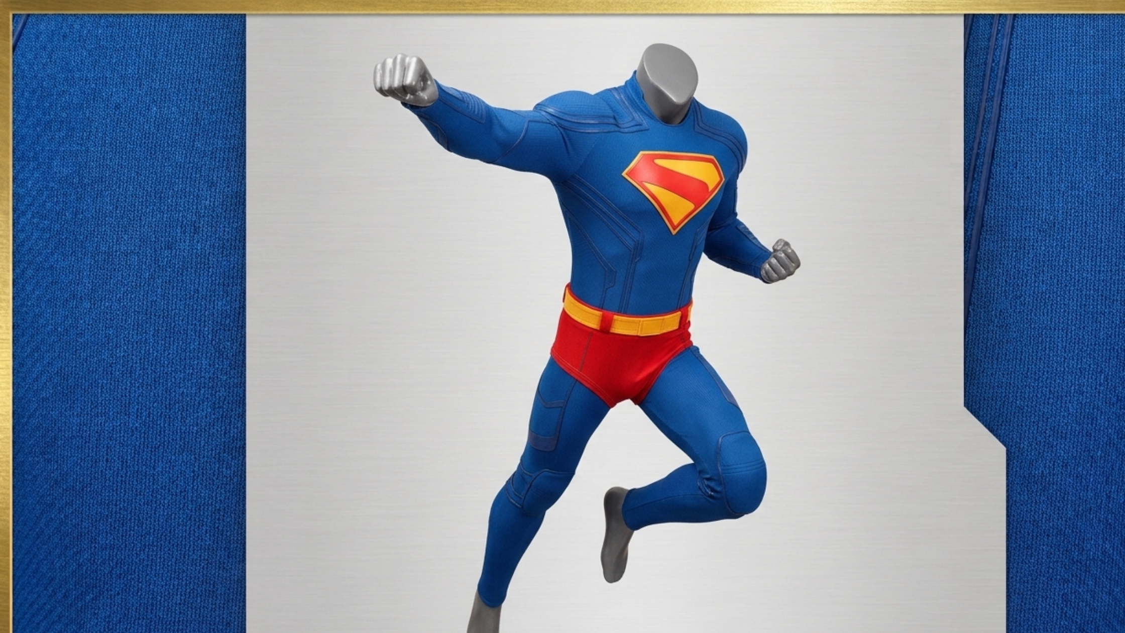 Superman Legacy 2025 blue bodysuit with red leather shorts and yellow utility belt costume