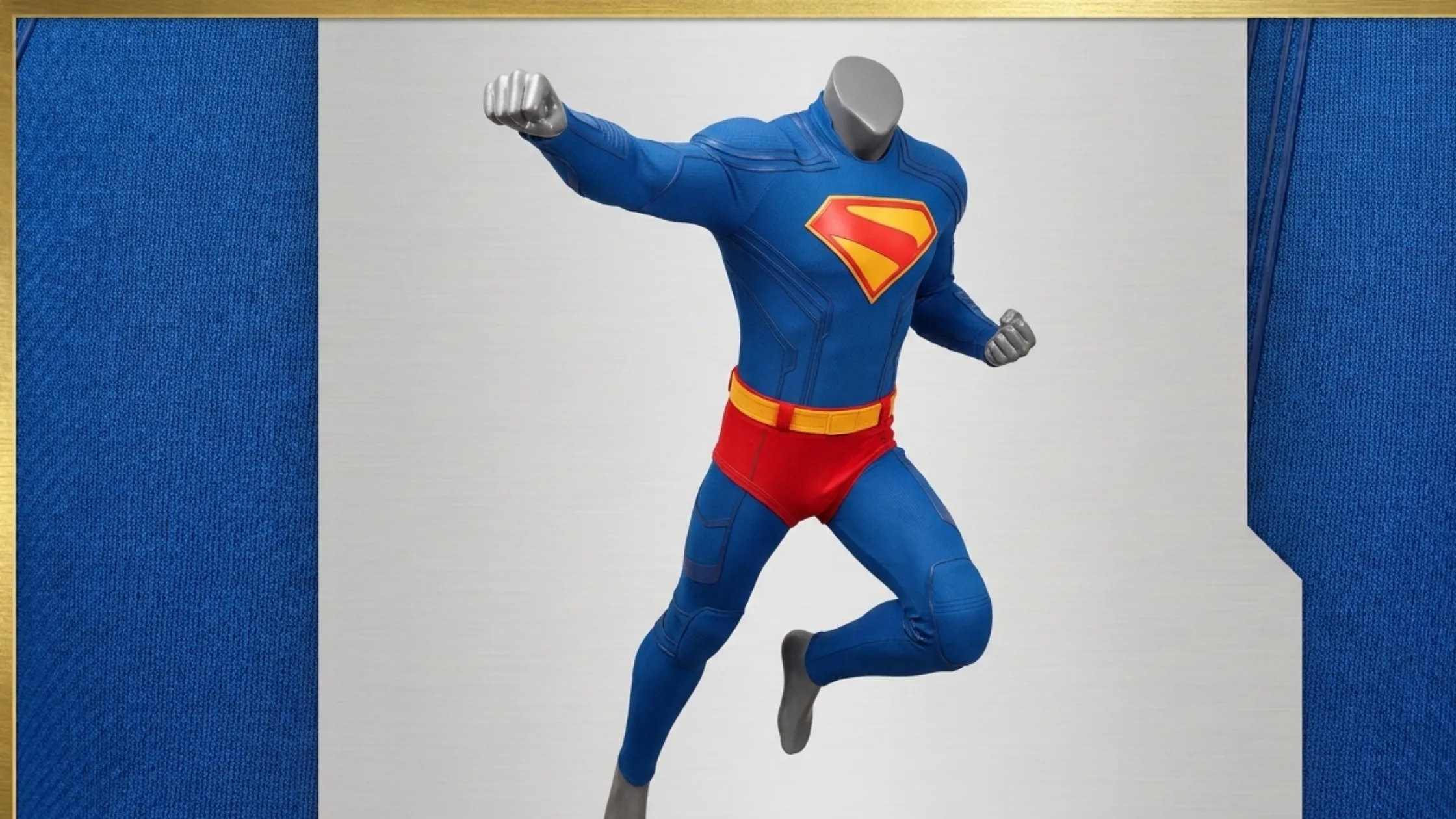 Superman Legacy 2025 blue bodysuit with red leather shorts and yellow utility belt costume