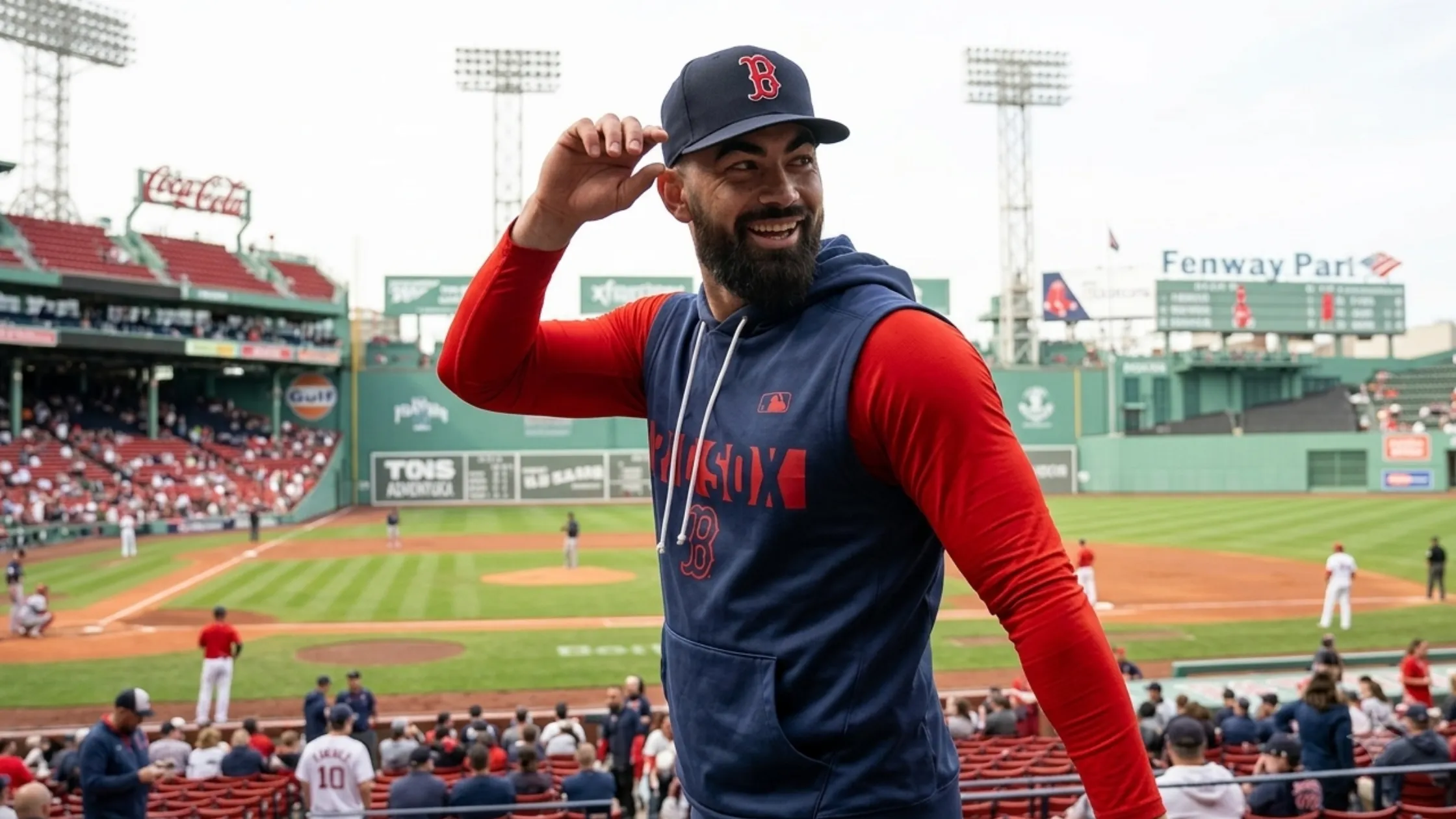 Boston Red Sox Pre-Opening Day Workout Navy Blue Sleeveless Hoodie with Red Sox logo and player number 38