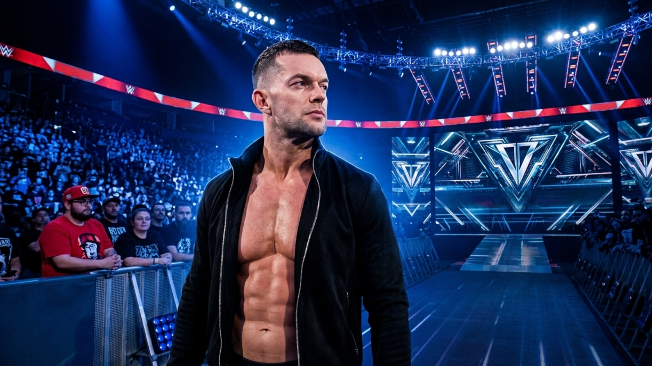 Finn Balor 2026 Monday Night RAW blue jacquard shoulder panels black athletic bomber jacket