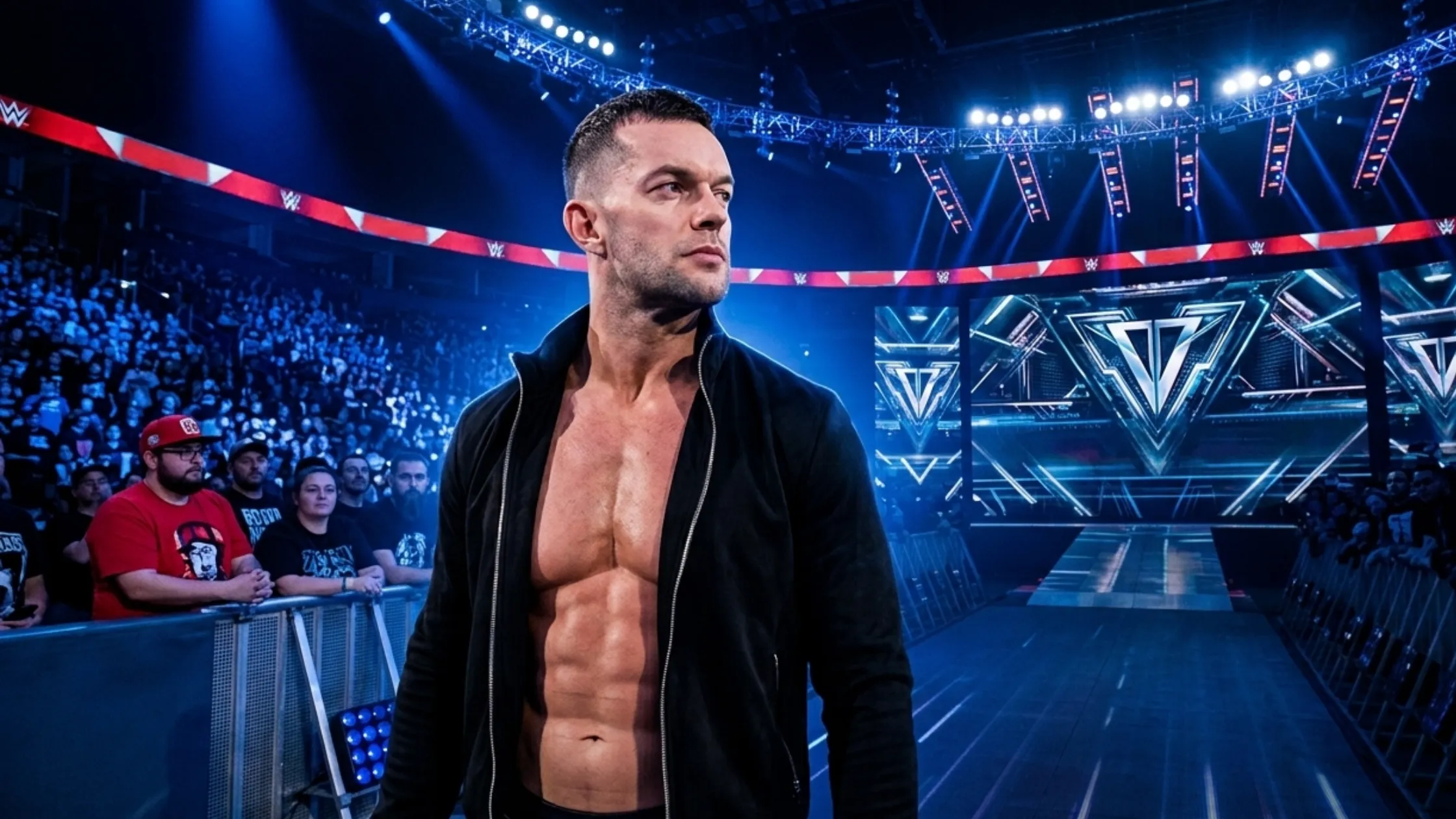 Finn Balor 2026 Monday Night RAW blue jacquard shoulder panels black athletic bomber jacket