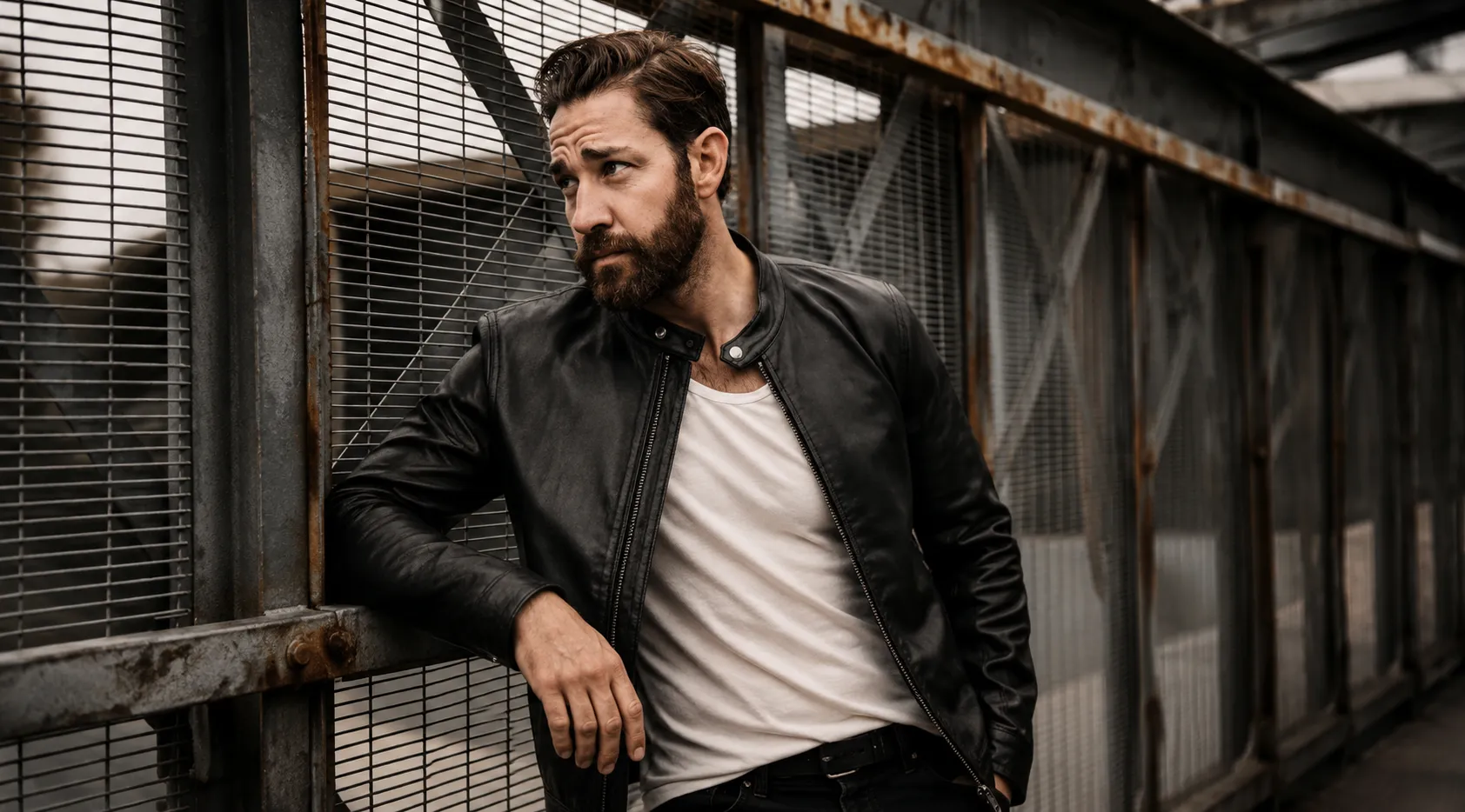 Jack Ryan Tom Clancy’s John Krasinski Dark Brown Leather Racer Jacket