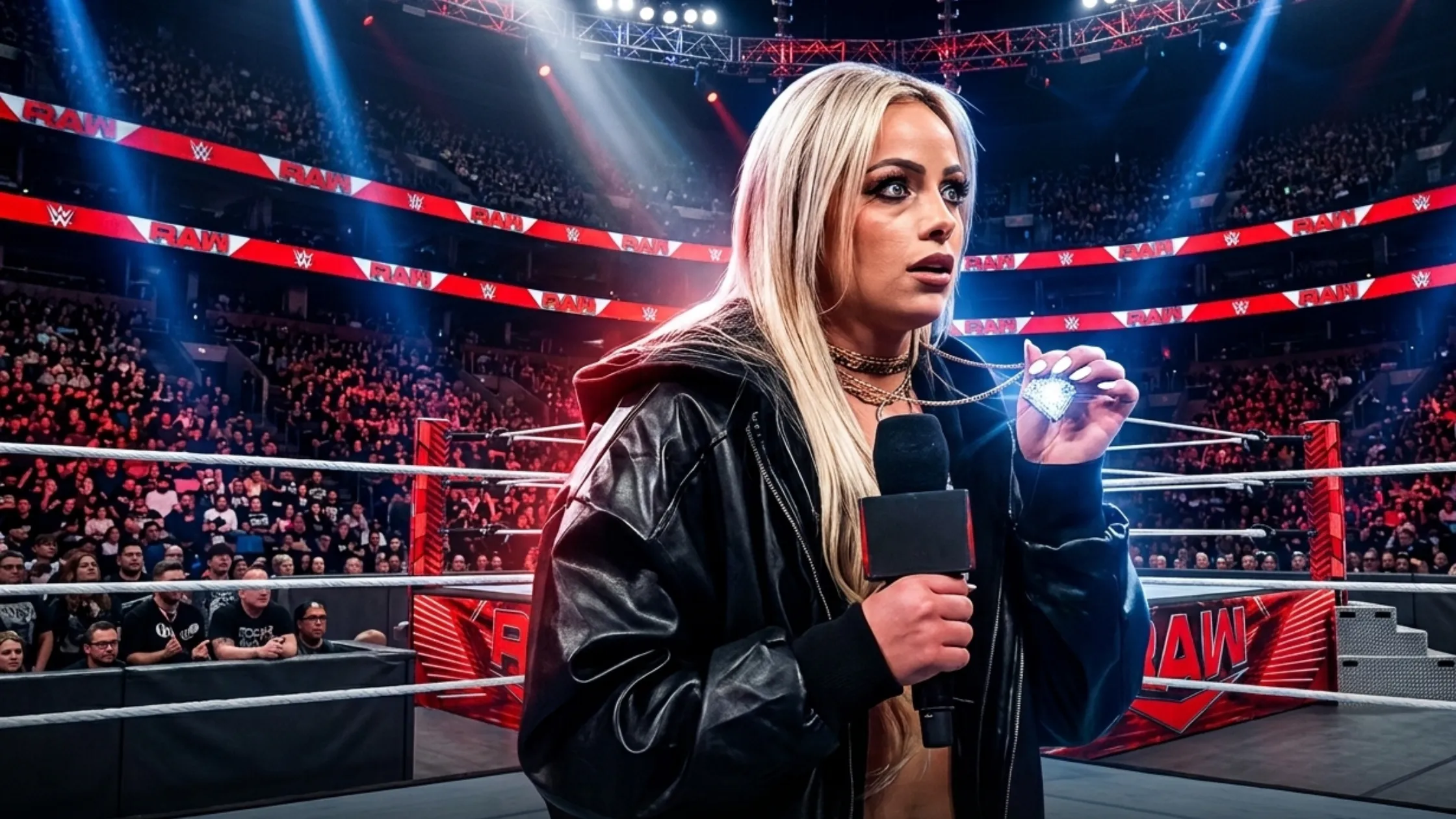 WWE RAW Liv Morgan 2026 Embossed Back Text Black Leather Bomber Hooded Jacket in glossy black leather with oversized hood