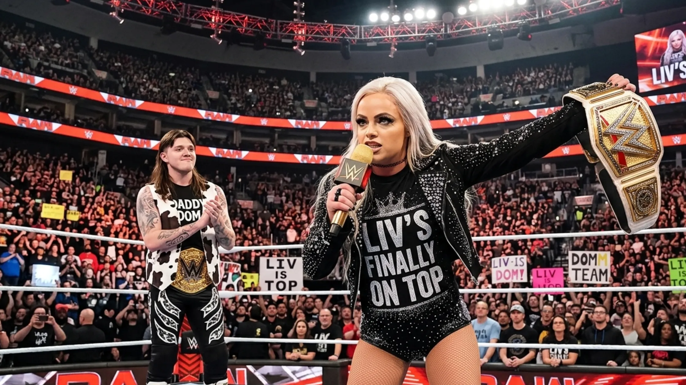 Liv Morgan Monday Night RAW 2025 distressed black denim jacket with rhinestone embellishments and "LIV'S FINALLY ON TOP" back artwork