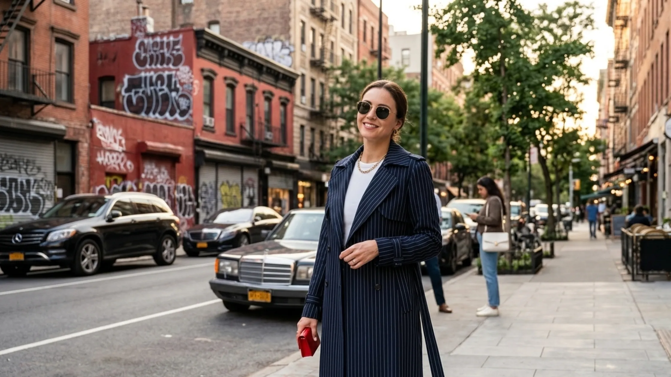 Nina Dobrev wearing a navy blue floor-length double-breasted pinstripe coat in New York City
