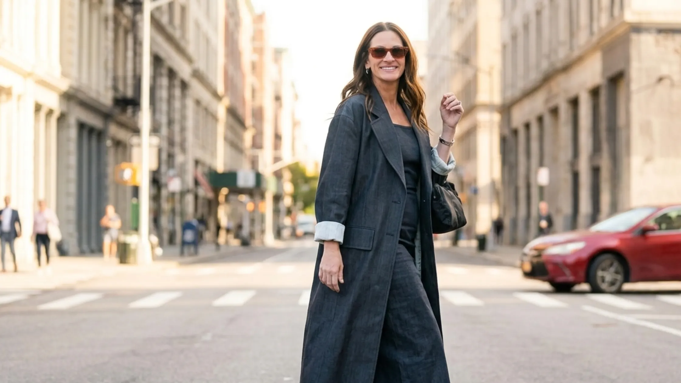 Amanda Peet Blue Long Coat