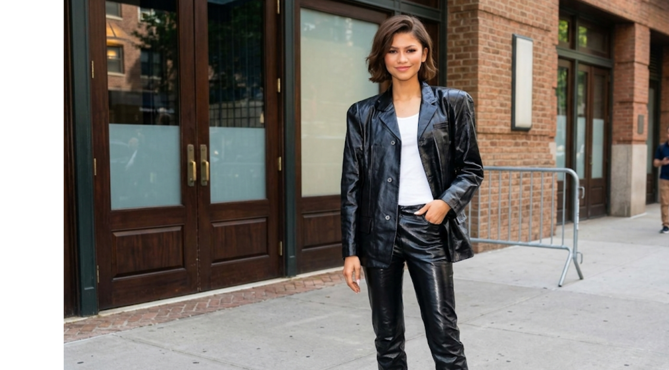 Zendaya NYC 2026 Black Crinkled Leather Blazer with Three-Button Front