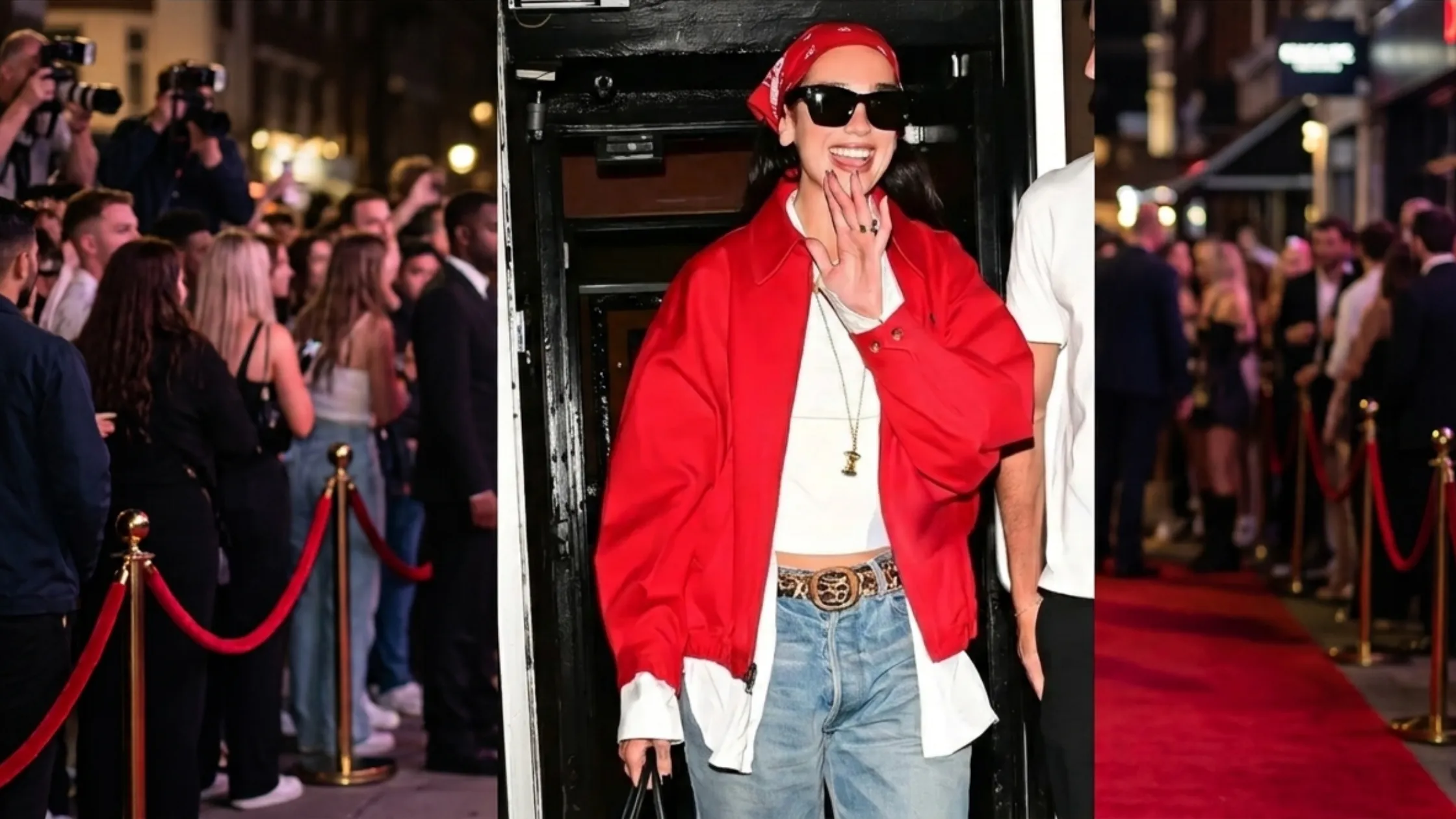 Dua Lipa New York City 2026 Red Bomber Jacket with oversized fit and full-zip front