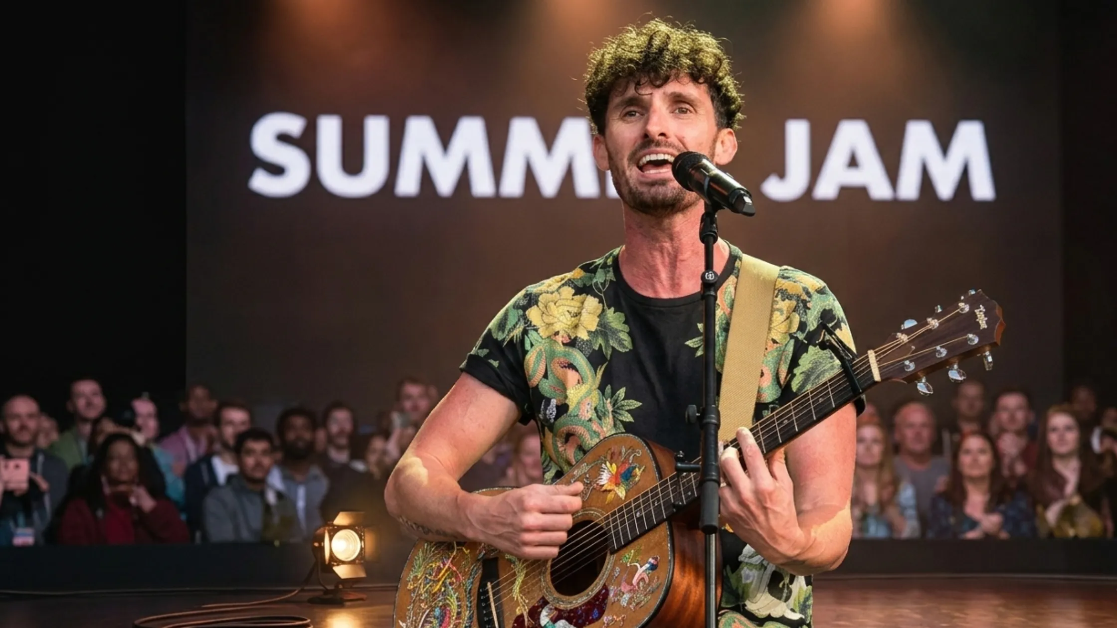 James Cottriall Back Again Tour 2026 Black Botanical Dragon Graphic Crewneck T-Shirt worn during live concert performance