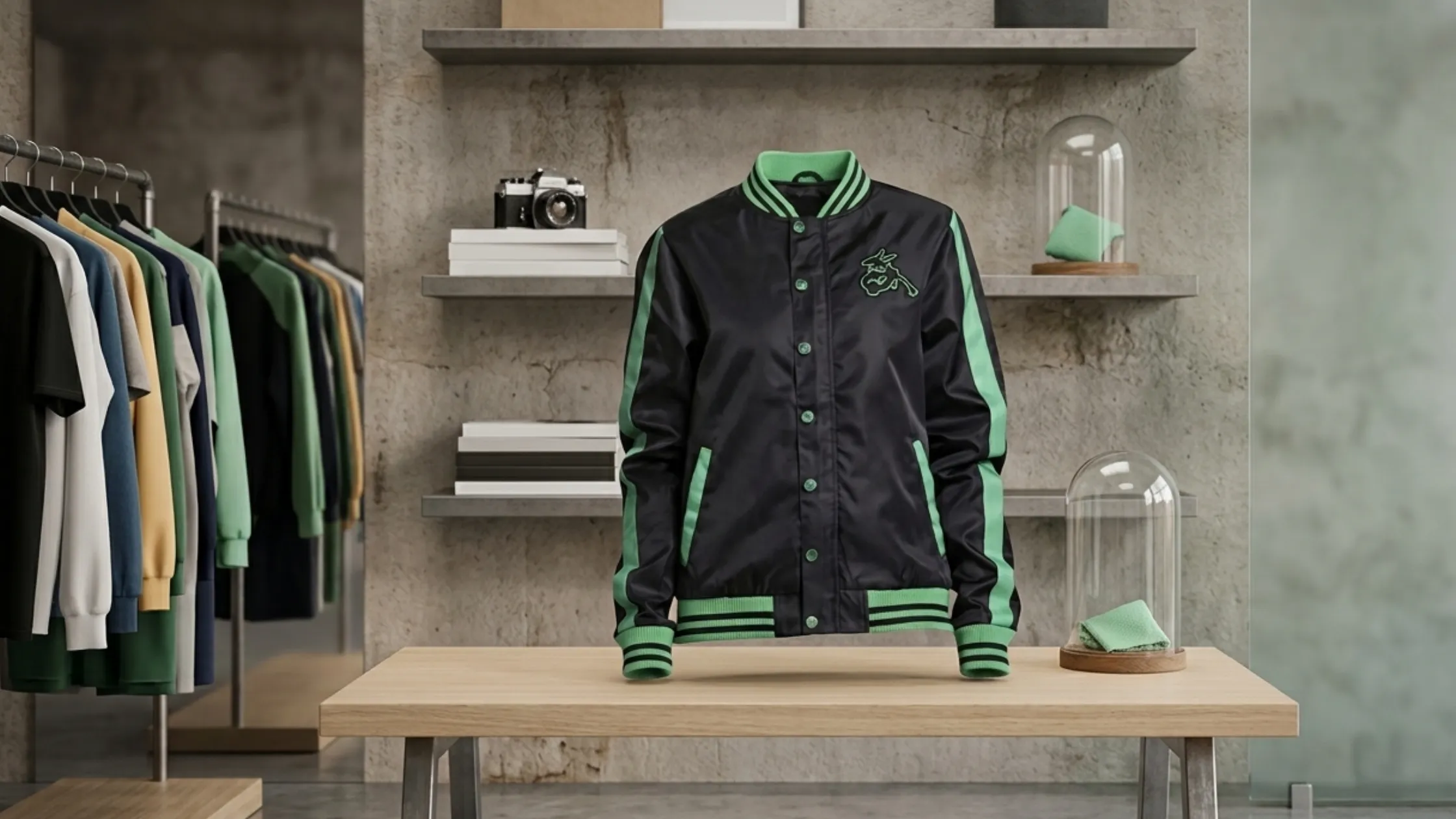 Pokemon Rayquaza Green Outline Embroidered Sukajan Racing Stripe Black Satin Varsity Bomber Jacket