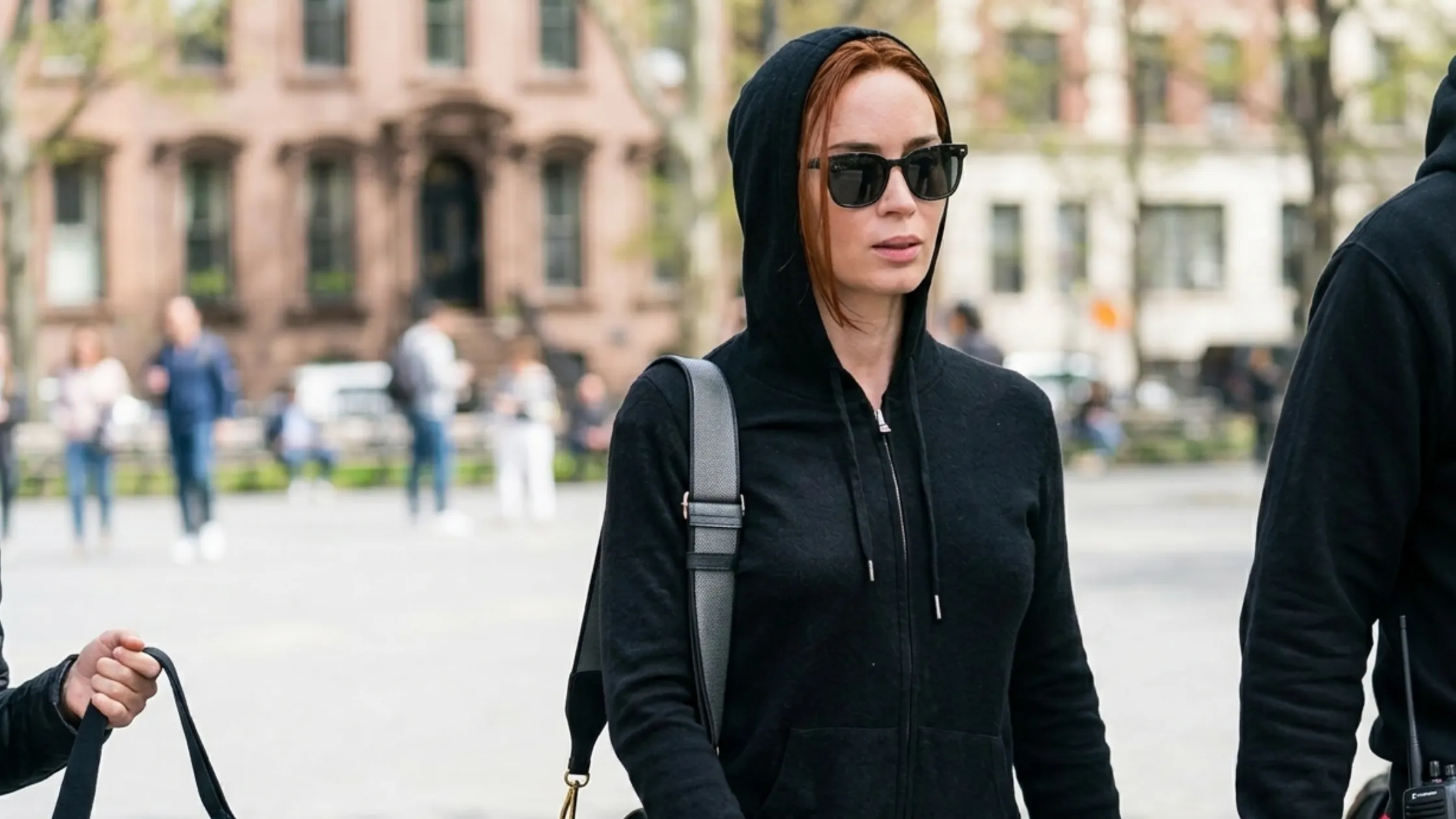Emily Blunt NYC Black Zip-Up Hoodie with Rib-Knitted Cuffs and Drawstring Hood