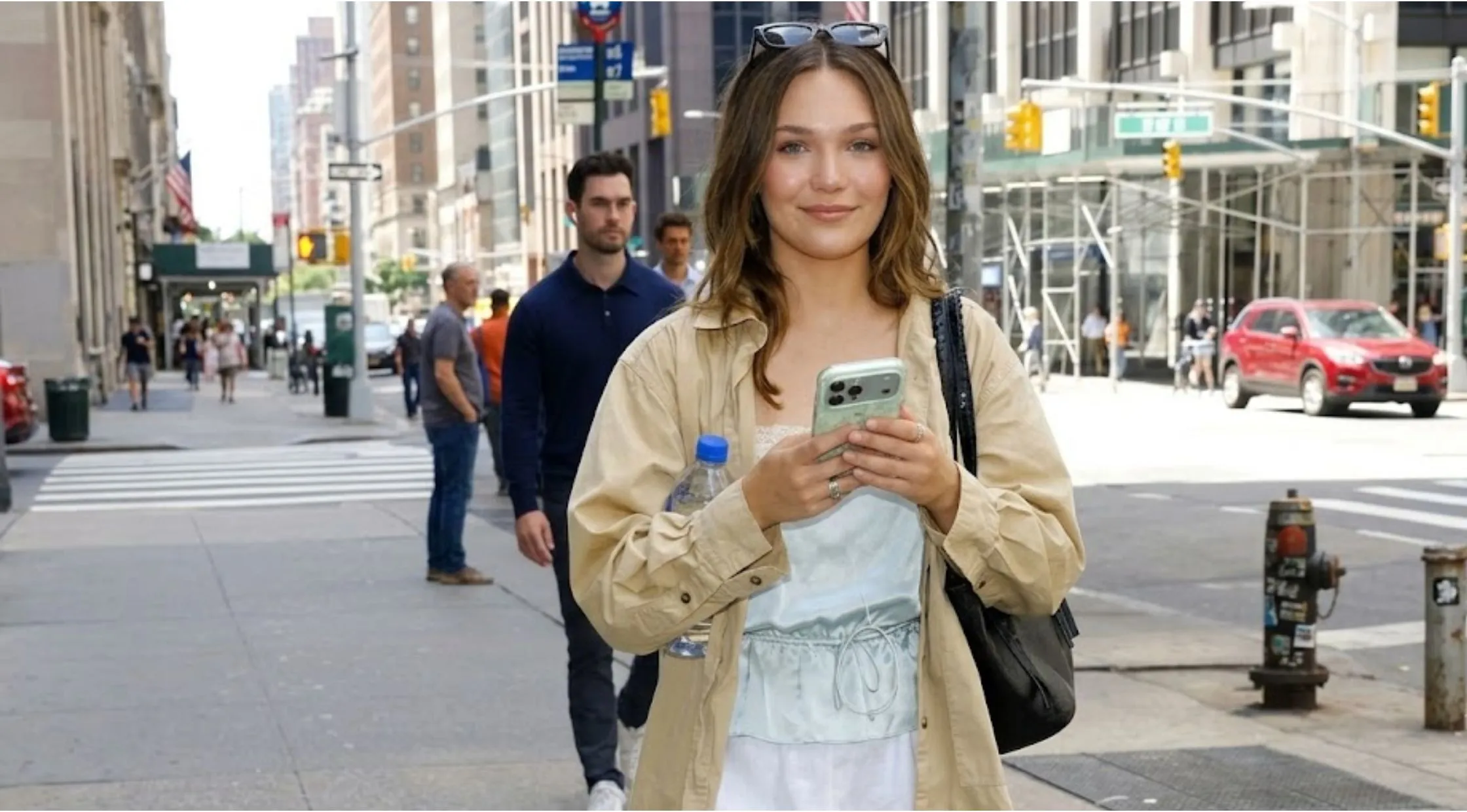 Why Olivia Holt’s NYC Beige Long Shirt is the Ultimate Off-Duty Summer Layer