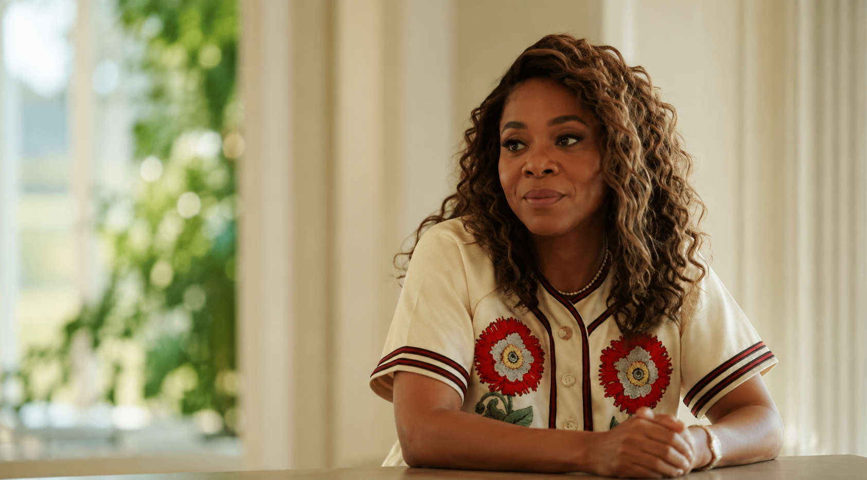 The Five Star Weekend S01 Regina Hall Red Floral Appliqué Cream Button-Up Jersey Top
