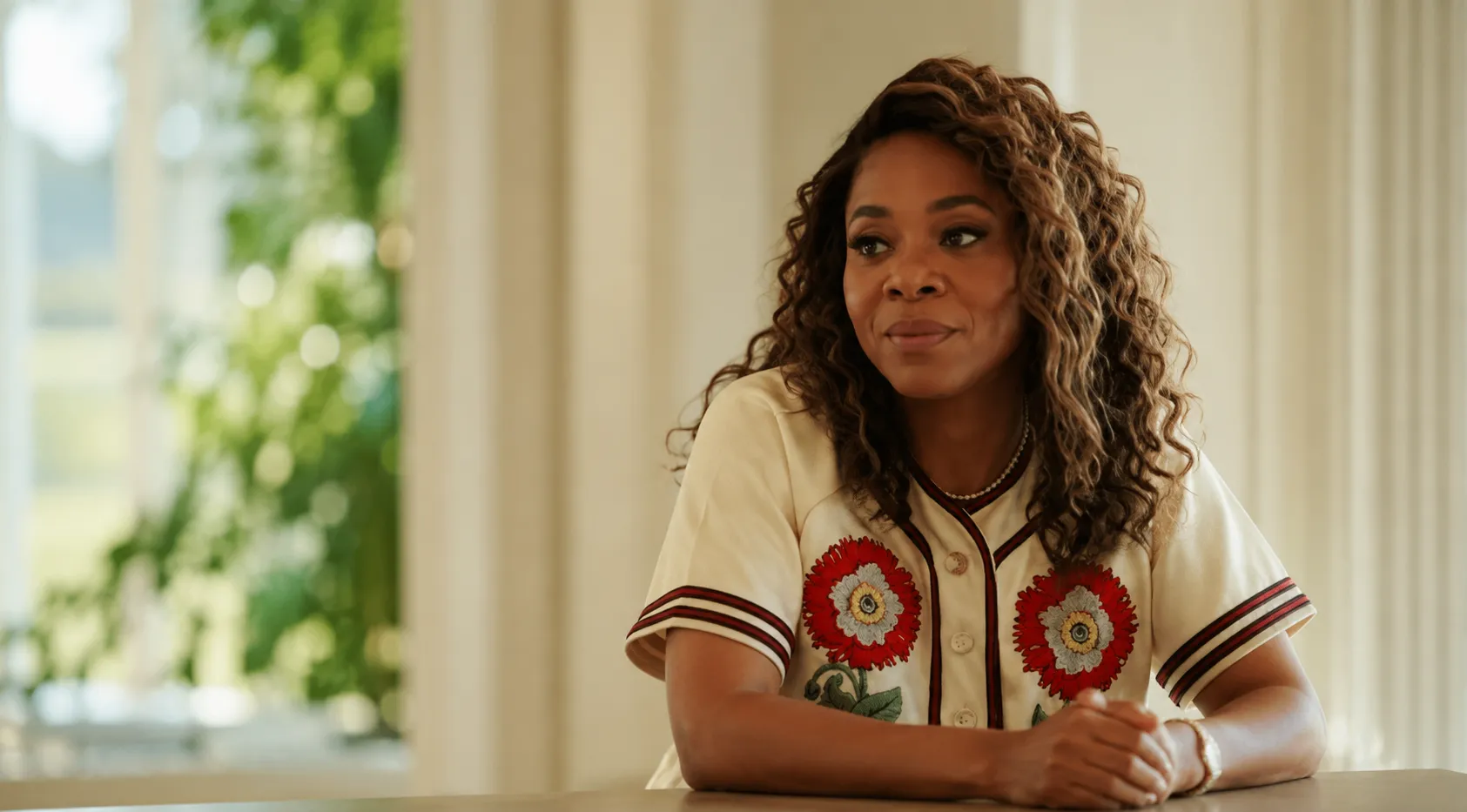 The Five Star Weekend S01 Regina Hall Red Floral Appliqué Cream Button-Up Jersey Top