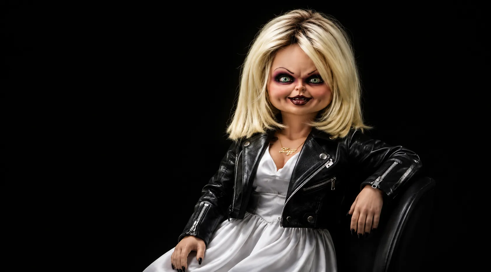 Chucky’s Tiffany Valentine Black Asymmetrical Leather Jacket with Belted Waist
