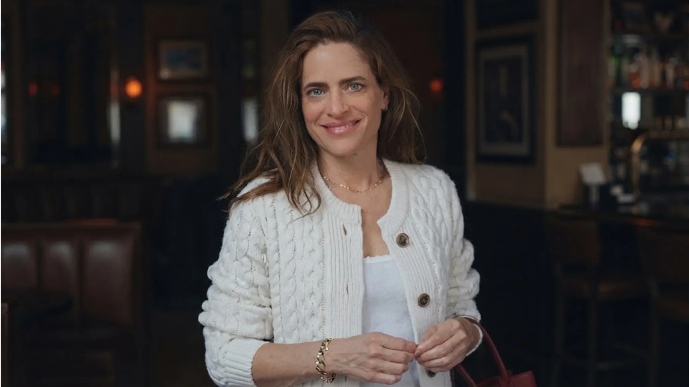 Your Friends and Neighbors Amanda Peet White Cable Knit Cashmere Cardigan